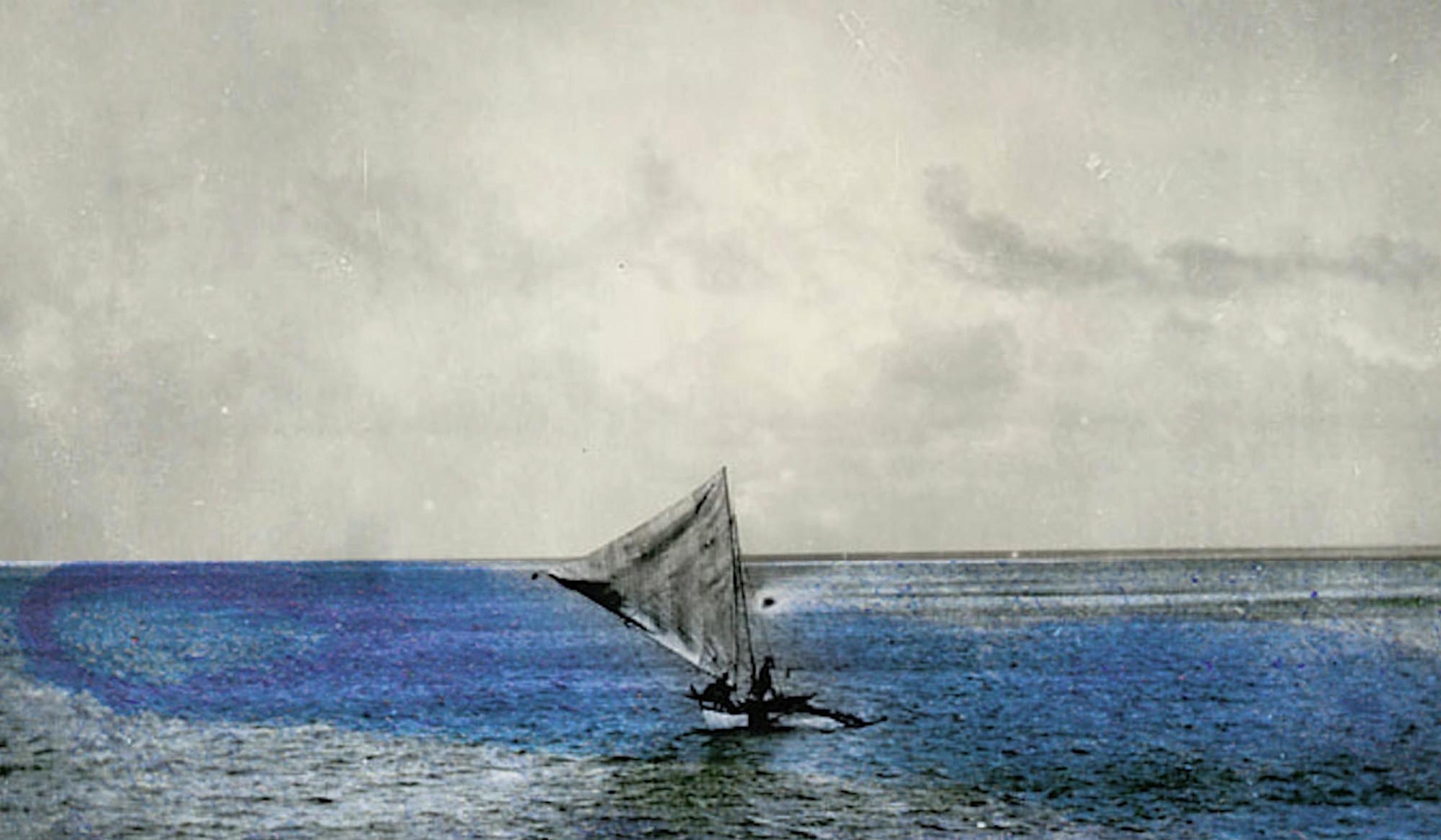 A painting of a small sailboat on open water with a single sail against a cloudy sky. The image has a textured, vintage appearance.