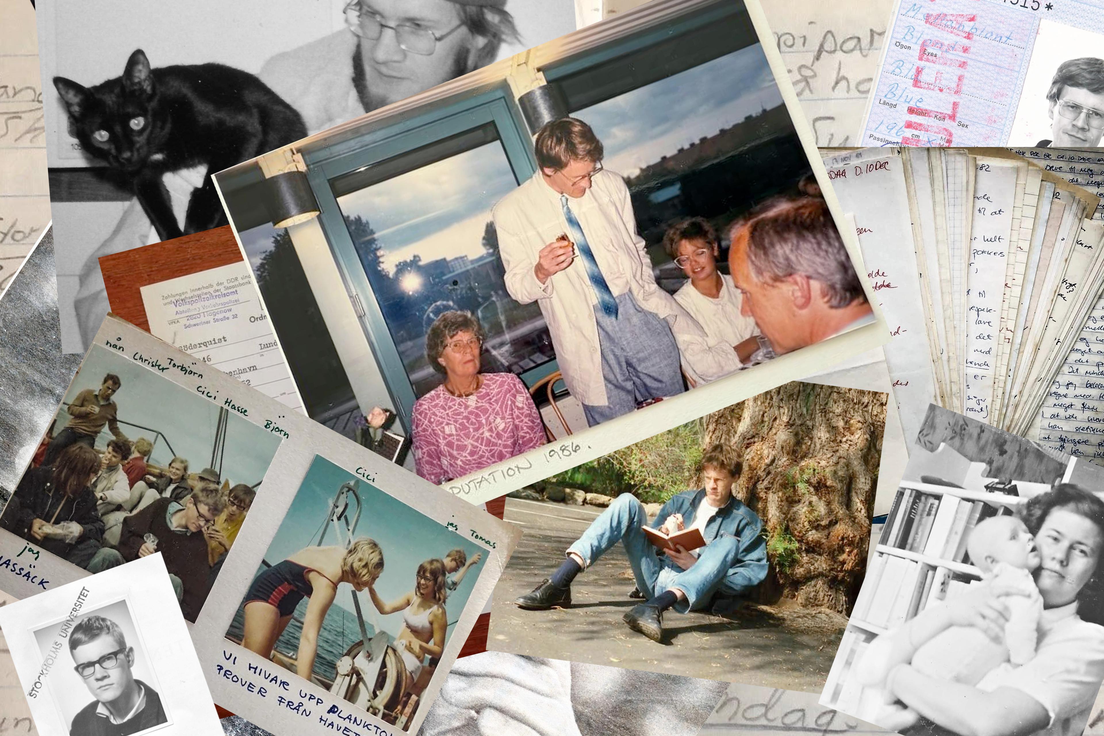 A collage of various vintage photos including people, a black cat, handwritten notes and a passport photo.