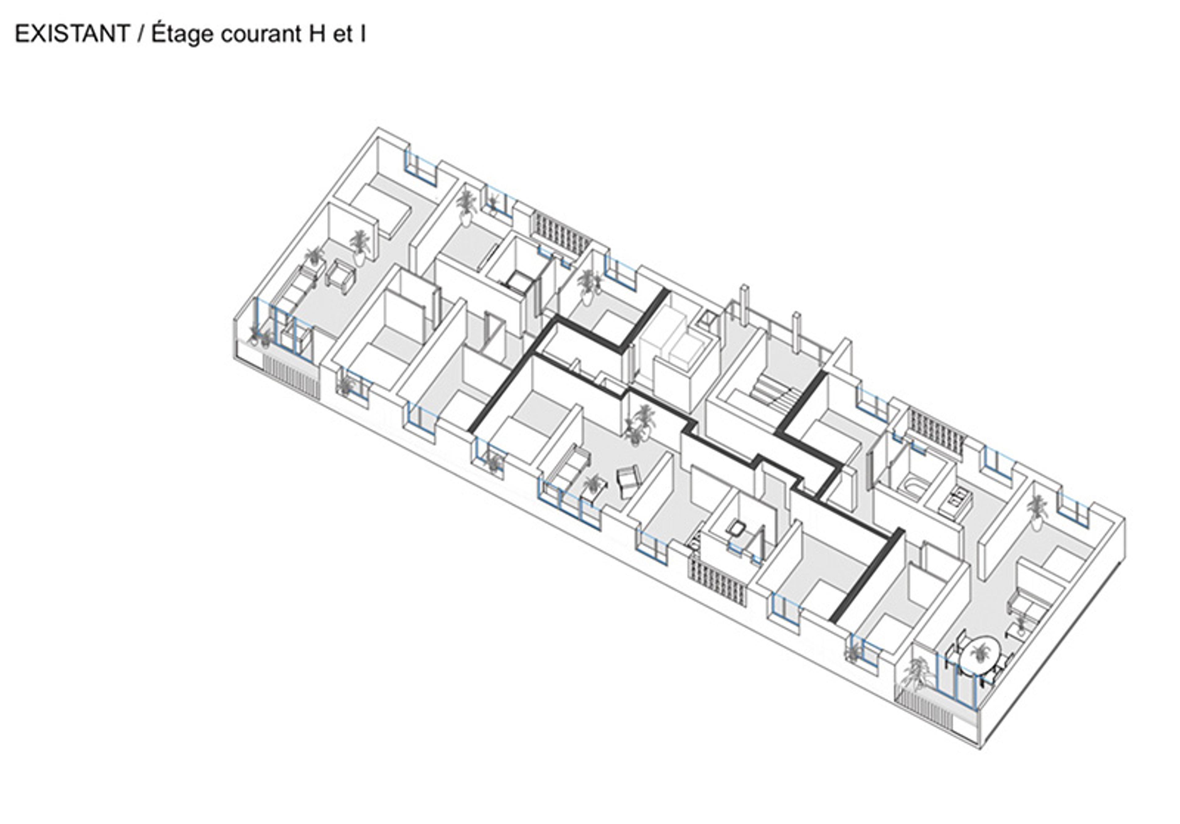 Isometric view of an existing double-storey building floor plan with labelled rooms and staircases, black outline, computer-generated.