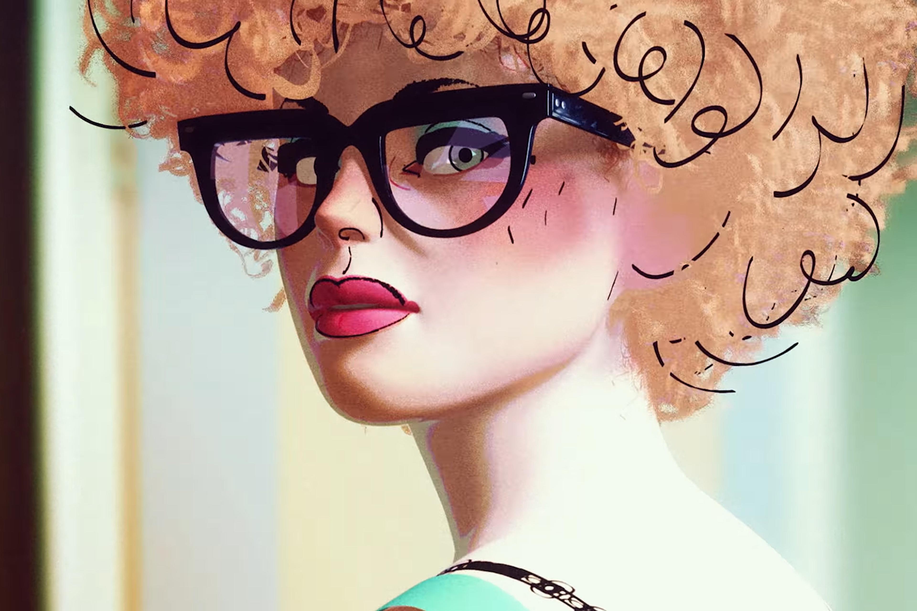 Illustration of a person with curly hair, wearing large glasses and a sleeveless top, looking back over their shoulder.