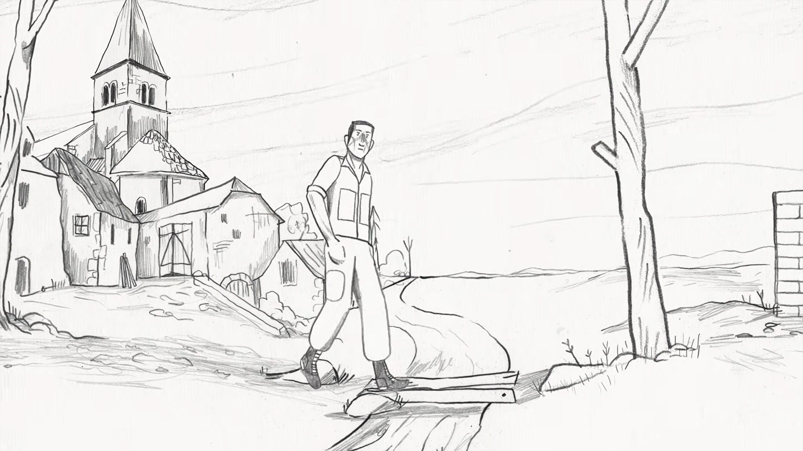 Drawing of a man walking across a small bridge near village houses and a church tower with a bare tree on the right.