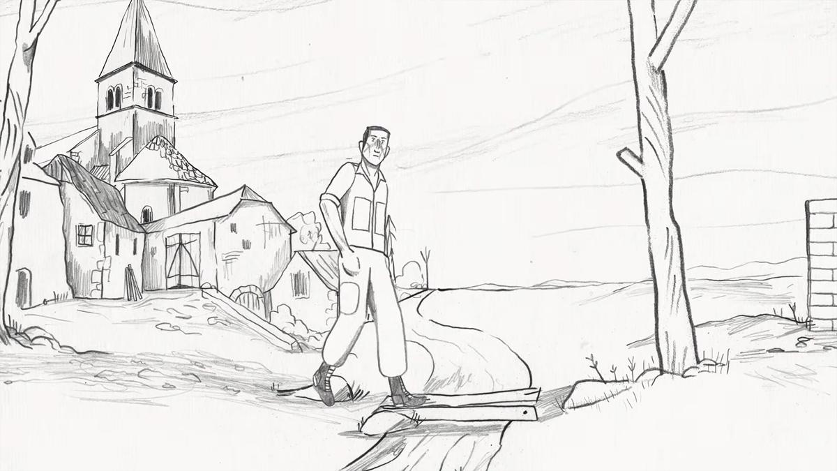 Drawing of a man walking across a small bridge near village houses and a church tower with a bare tree on the right.