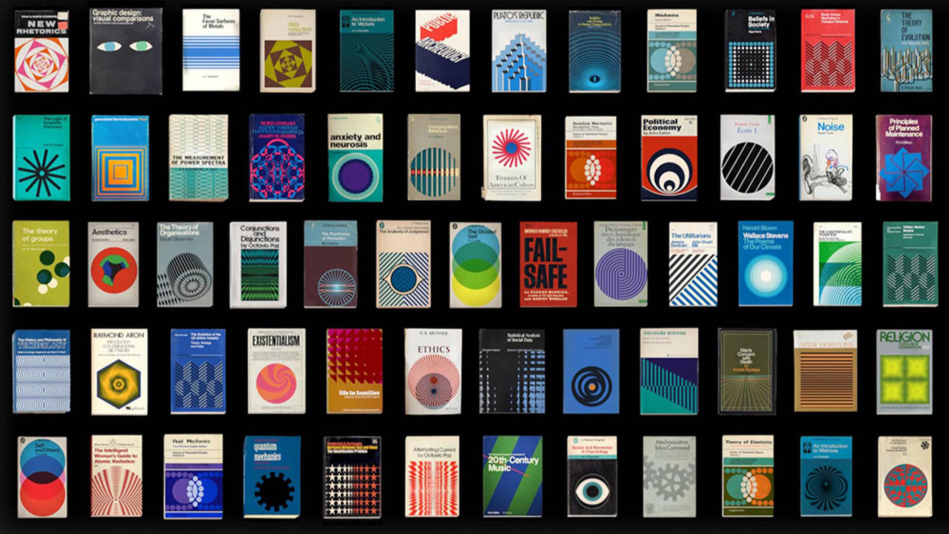 A grid of vintage book covers with diverse abstract designs on a black background.