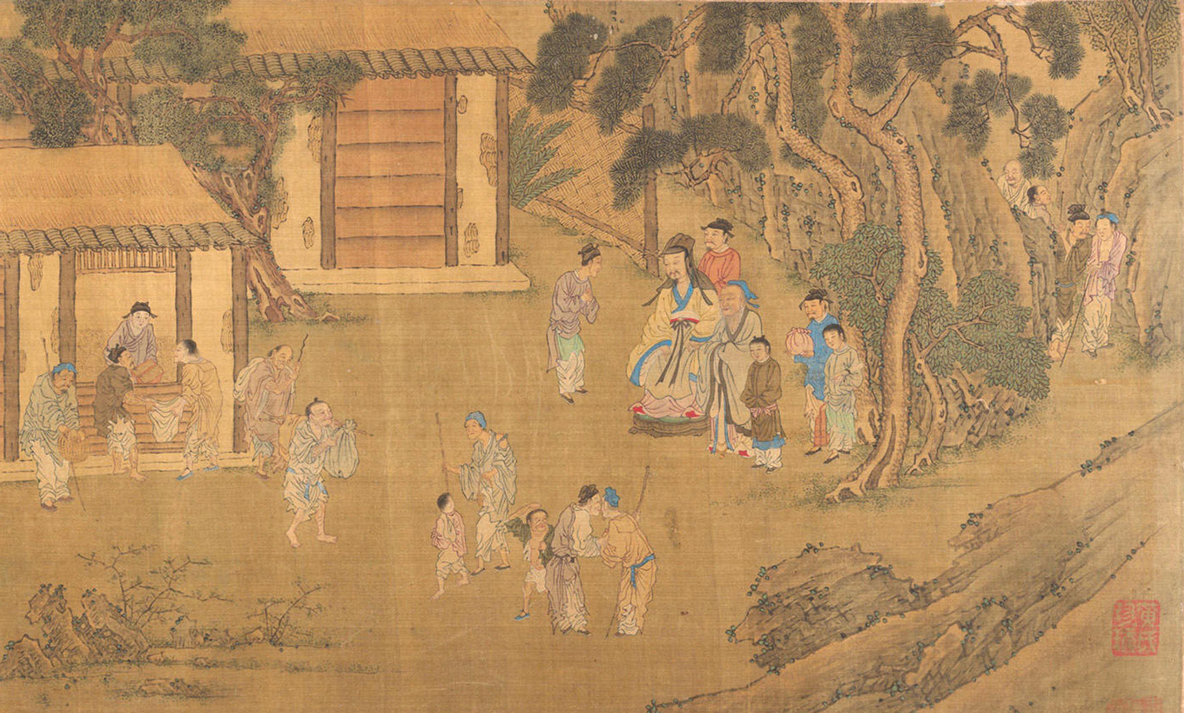 Ancient Chinese painting of people gathered outdoors, some seated under a thatched roof, with trees and buildings in the background.