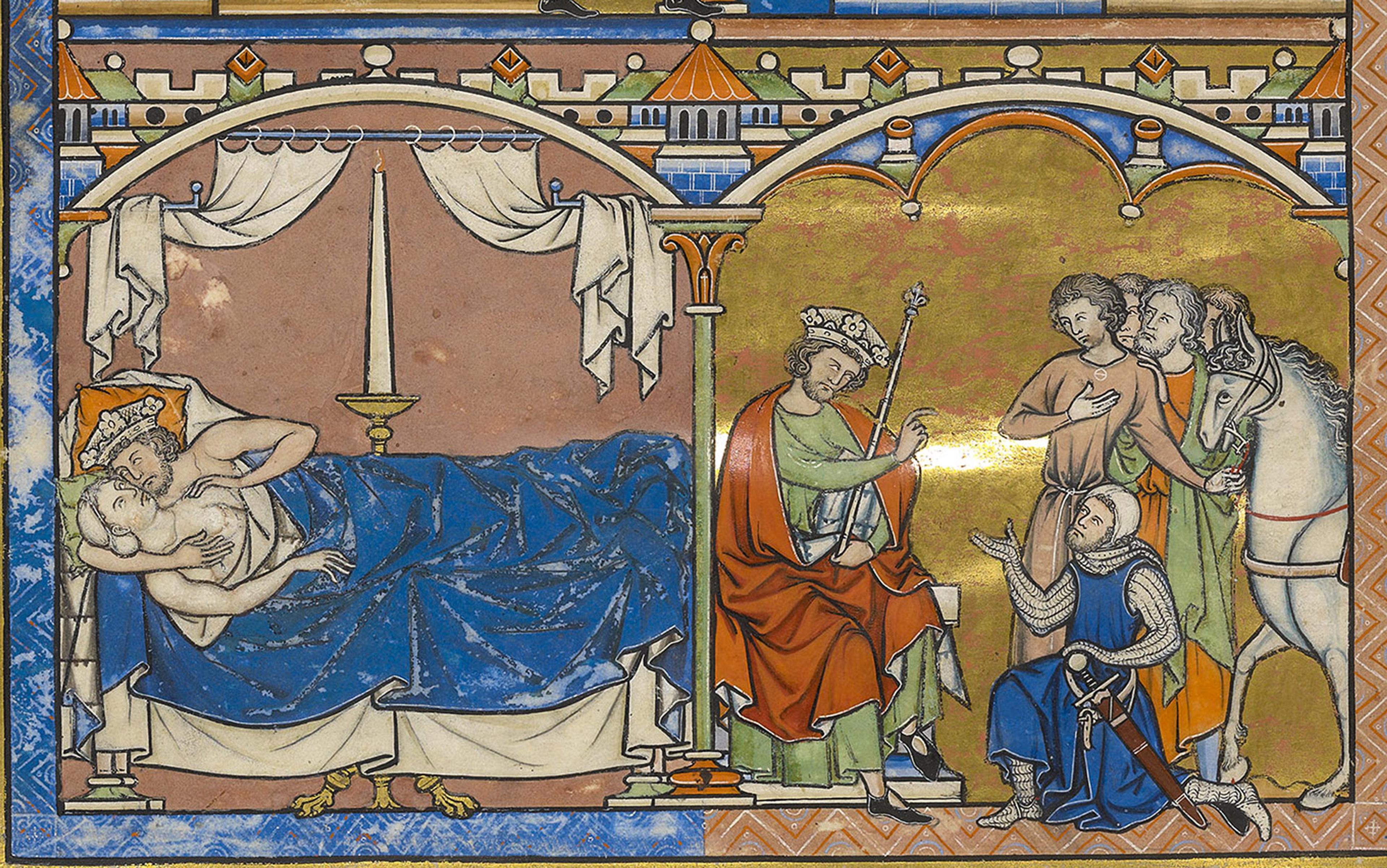 Medieval illustration of a couple in bed on the left and a king holding a sceptre, interacting with several figures and a horse on the right.