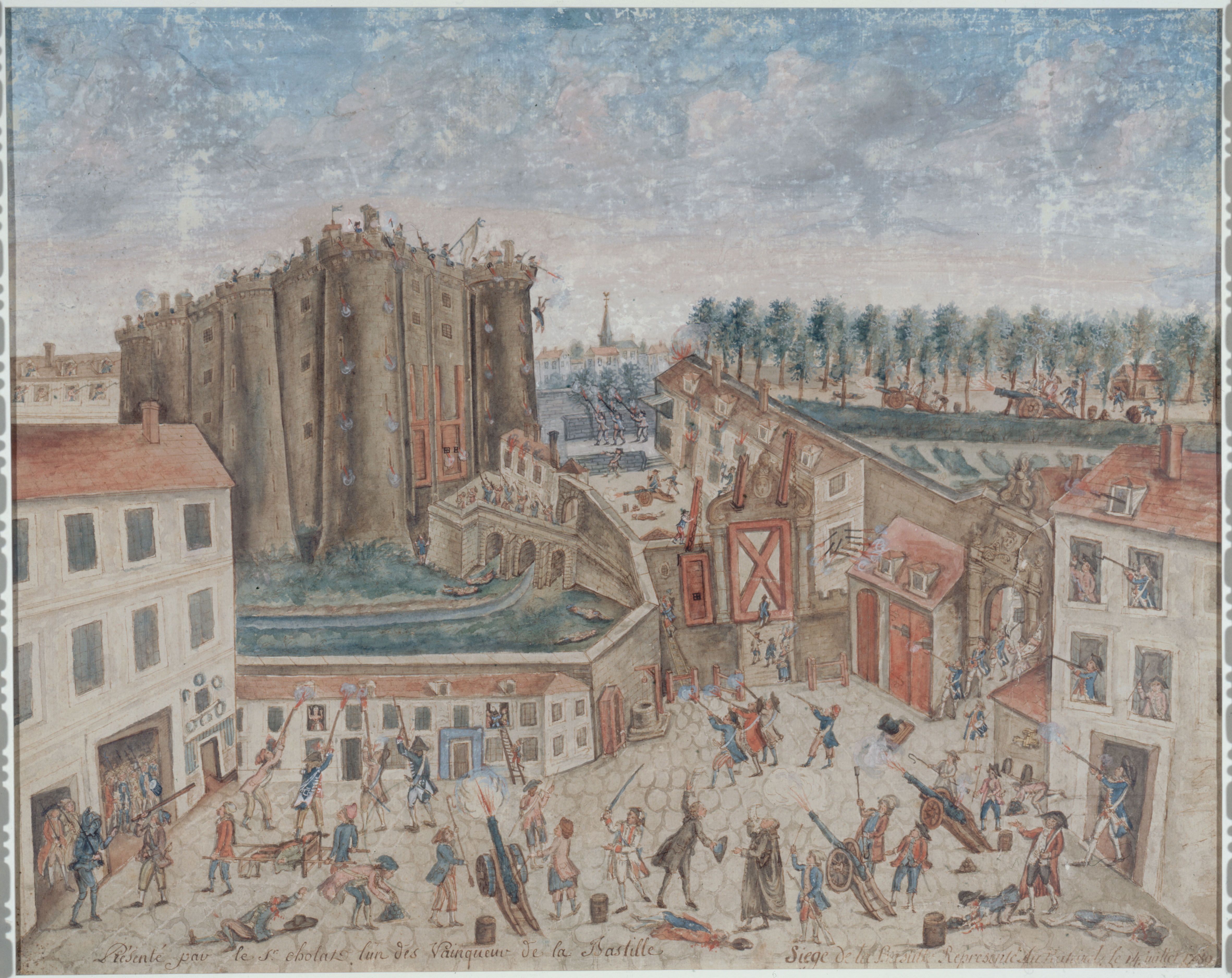Painting of the Siege of the Bastille depicting a chaotic scene with armed people, buildings and a fortress under attack.