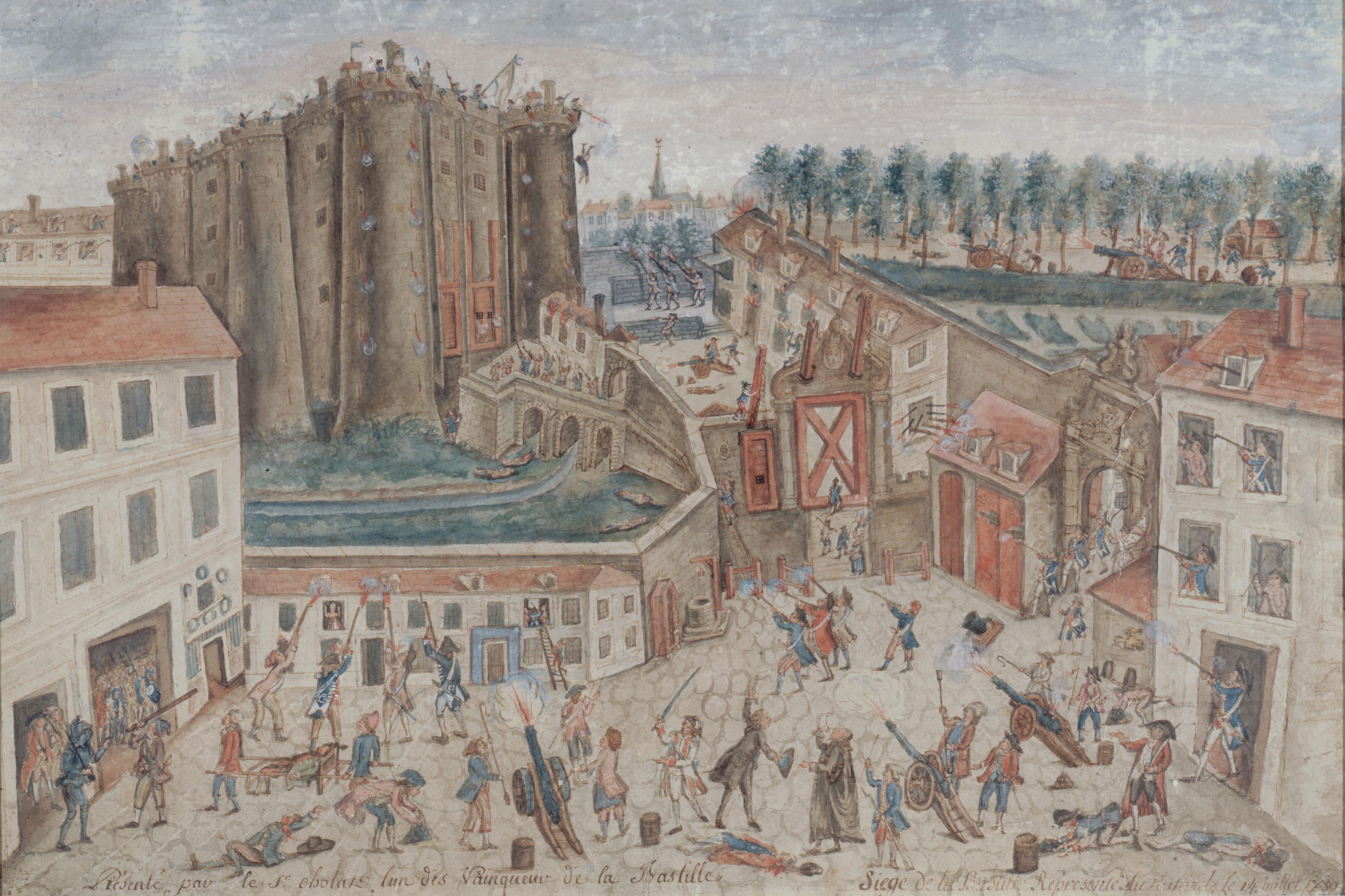 Painting of the Siege of the Bastille depicting a chaotic scene with armed people, buildings and a fortress under attack.