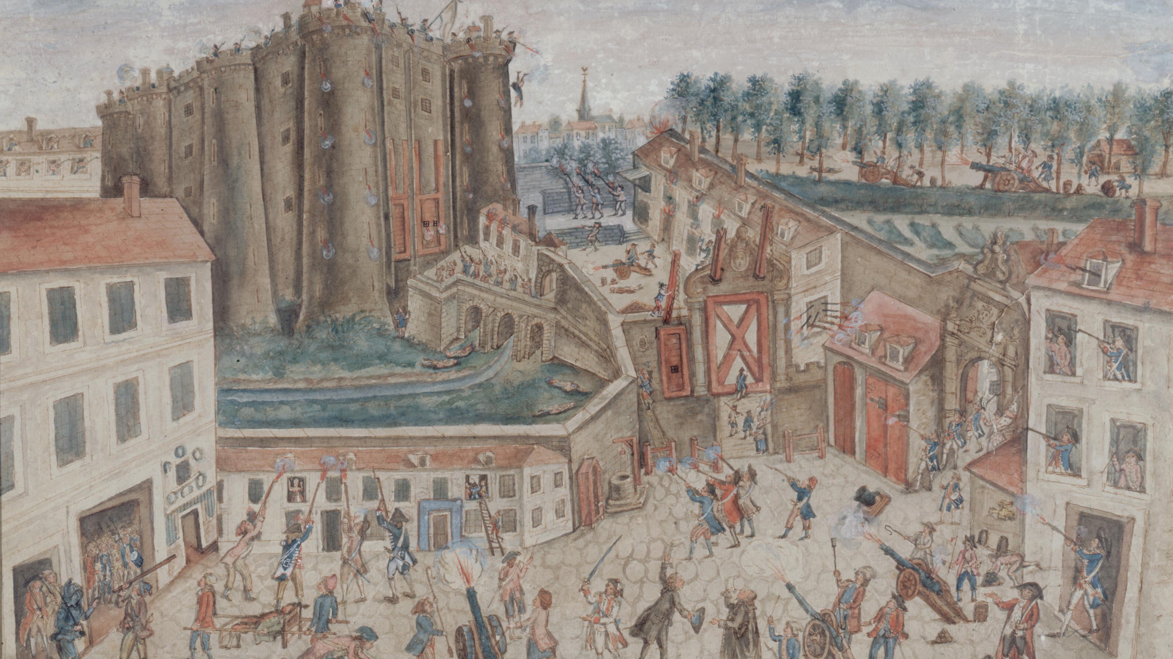 Painting of the Siege of the Bastille depicting a chaotic scene with armed people, buildings and a fortress under attack.