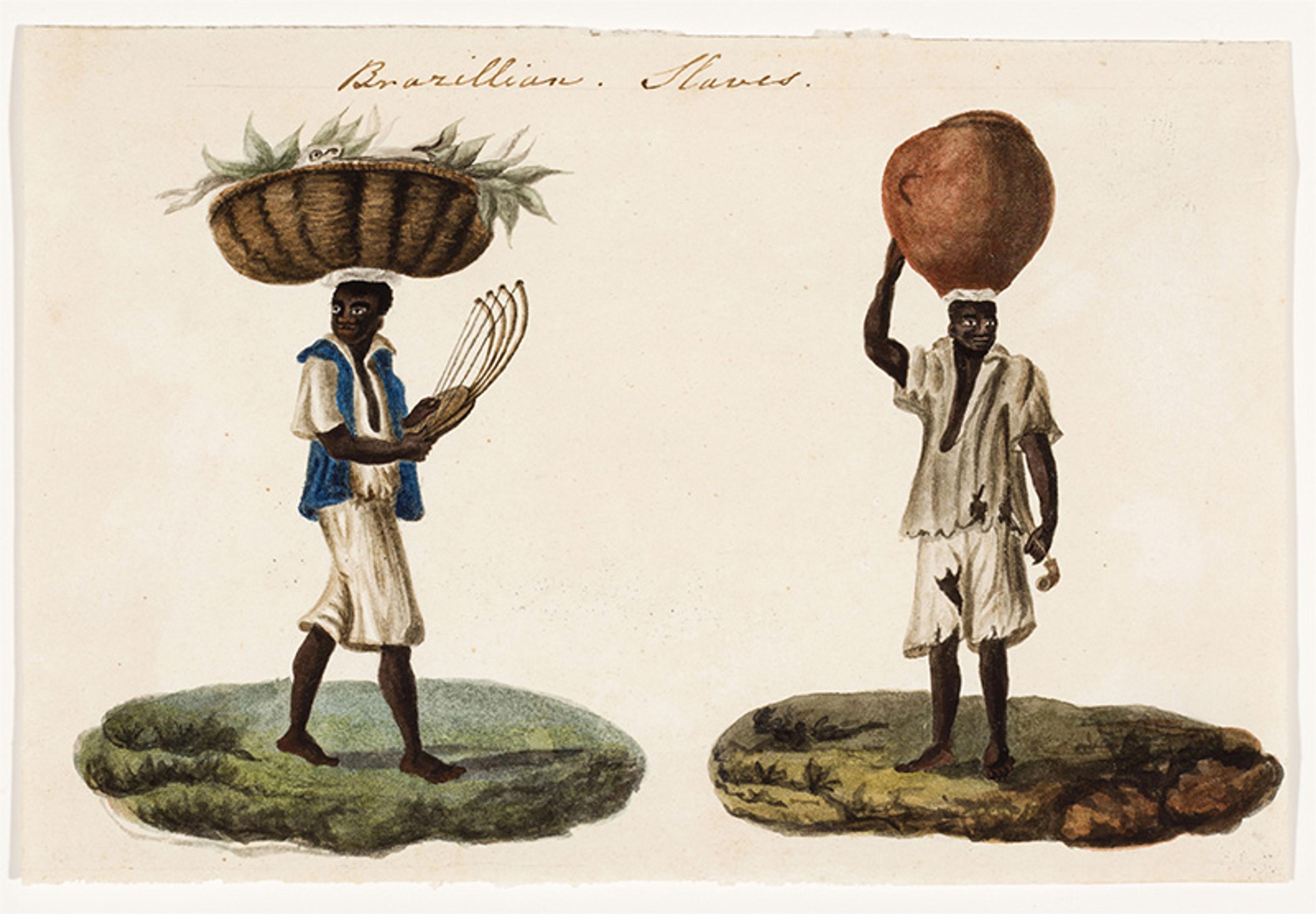 Illustration of two people described as “Brazilian slaves” carrying items on their heads.