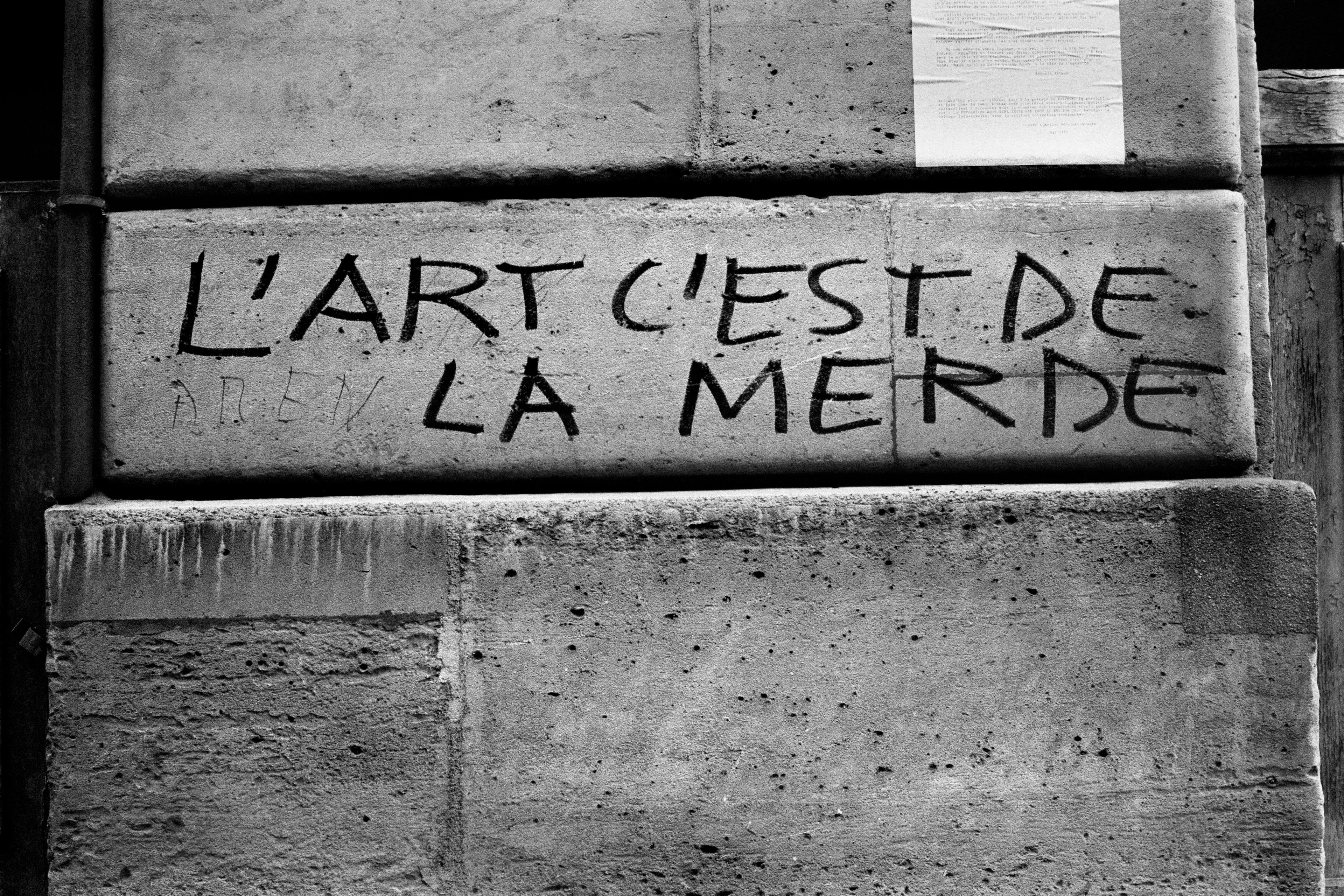 Photo of a wall with graffiti in French reading “L’art c’est de la merde” meaning “Art is shit”.
