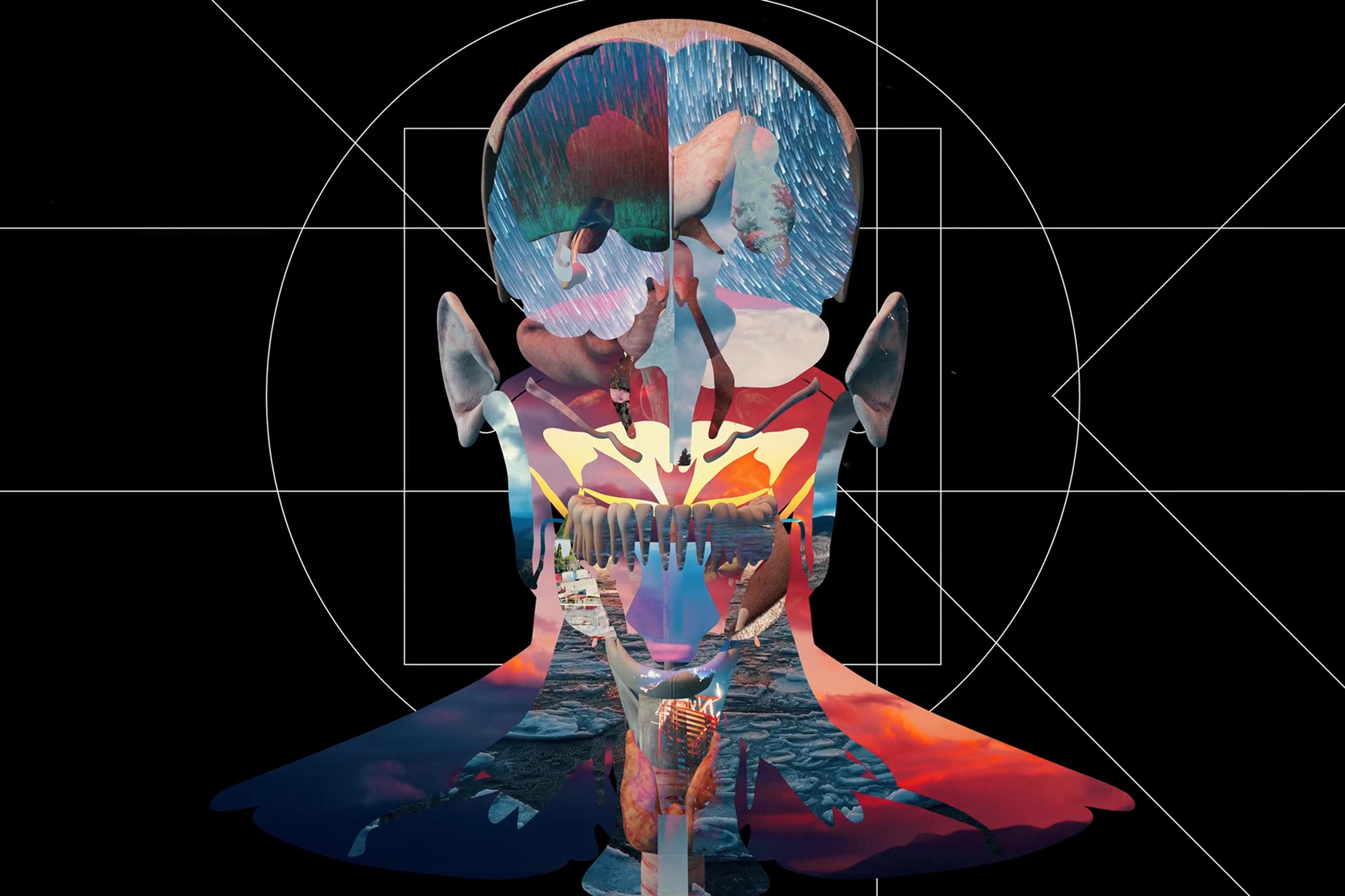Abstract human head with anatomical elements and surreal landscapes blending together on a black background with geometric lines.