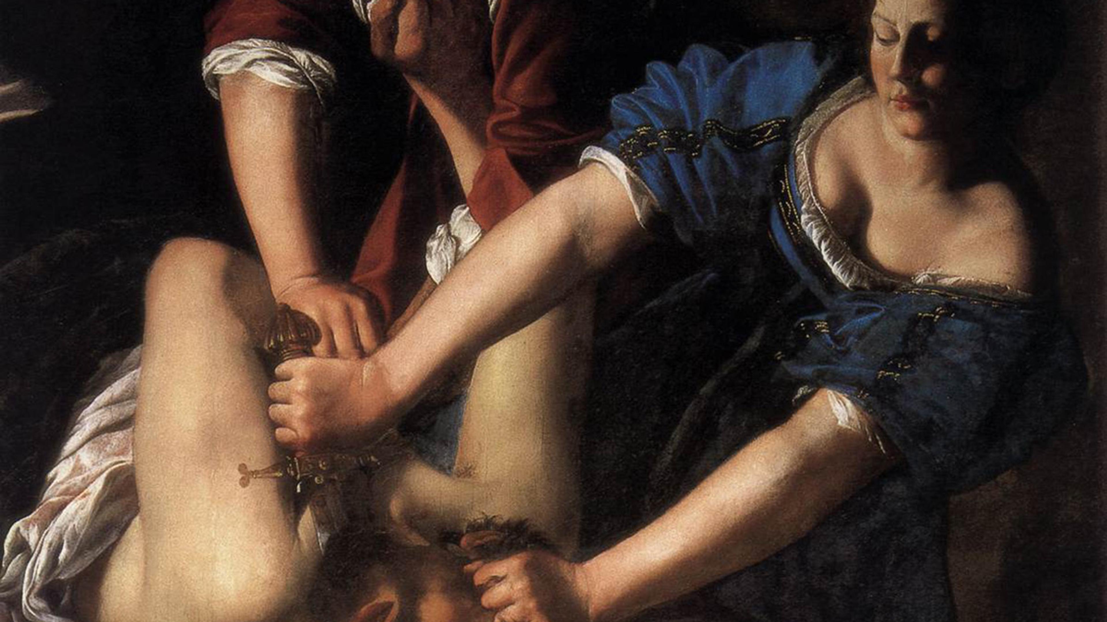 Painting of two women in historical clothing beheading a man, with one holding him down while the other uses a sword.