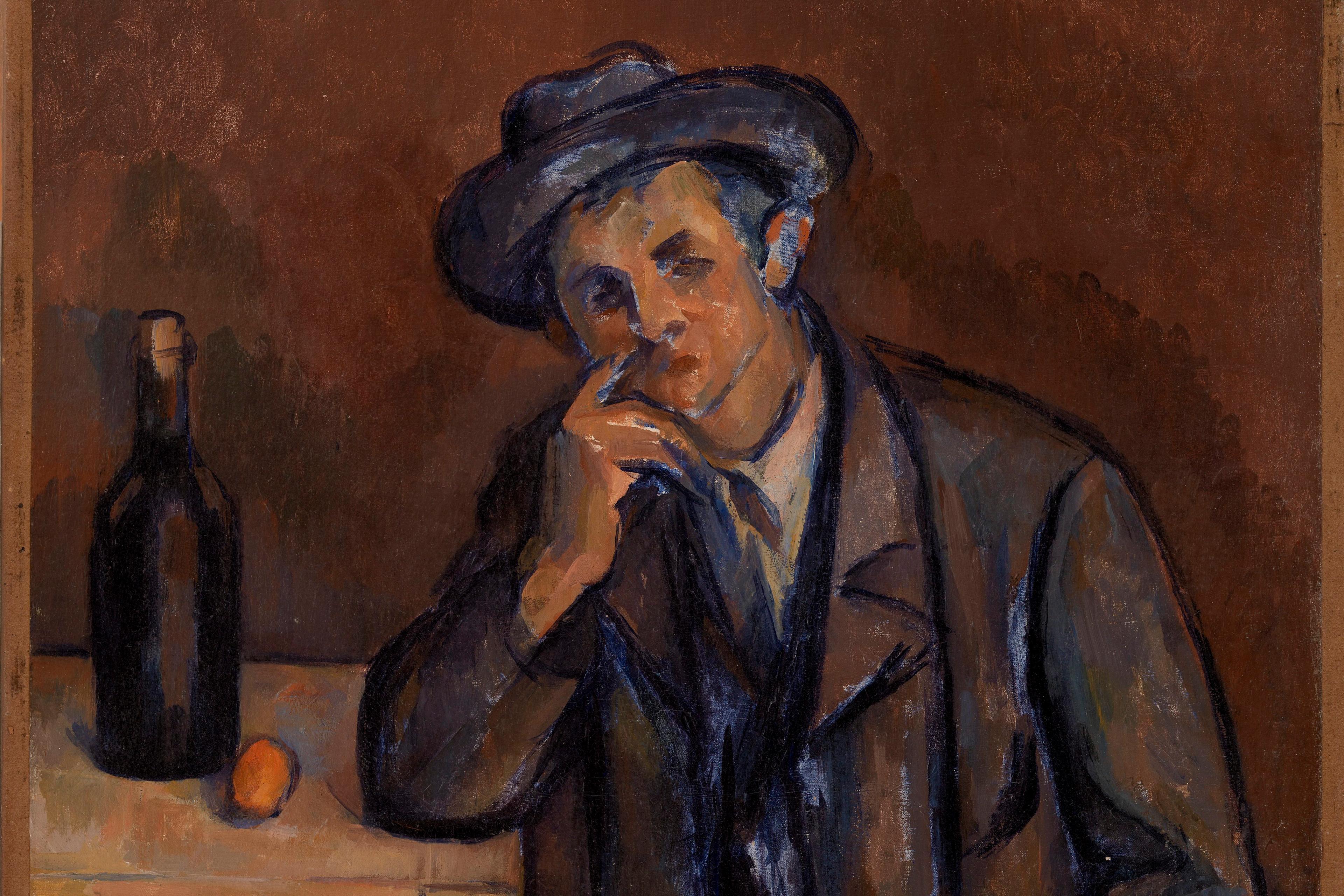 Painting of a man in a hat leaning on a table with a wine bottle and fruit, set against a brown background.