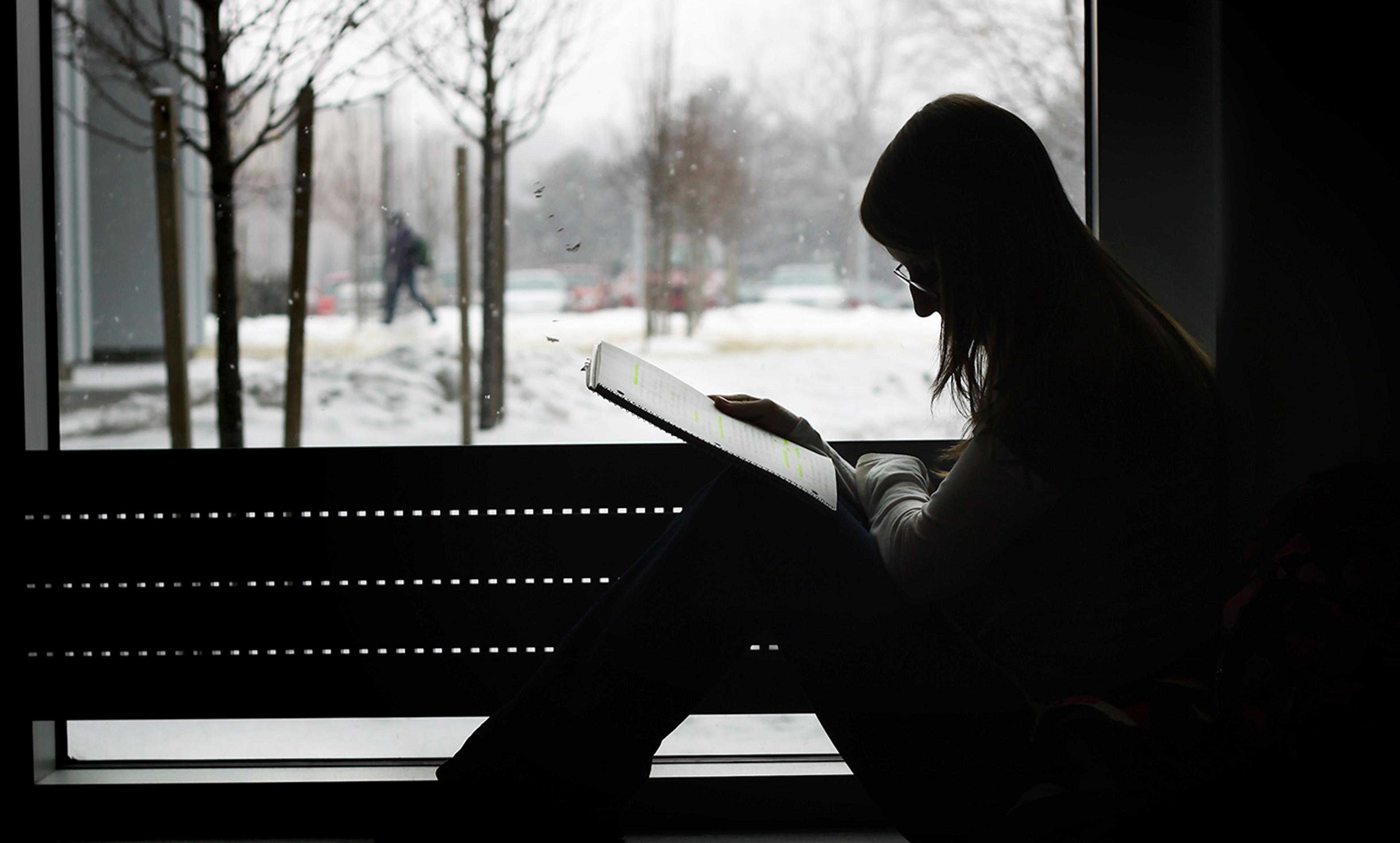 Silhouette of a person reading a book by a window with a snowy scene outside, trees, and a distant figure walking.