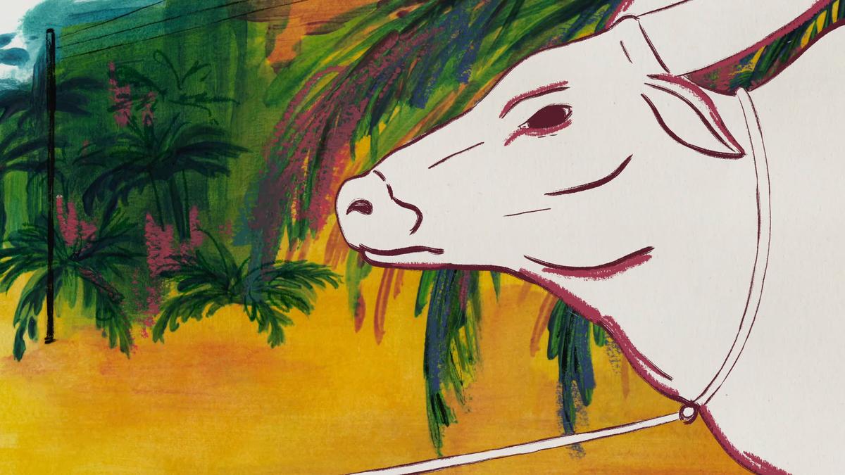 Painting of a white cow head in profile with a colourful tropical background and power lines.