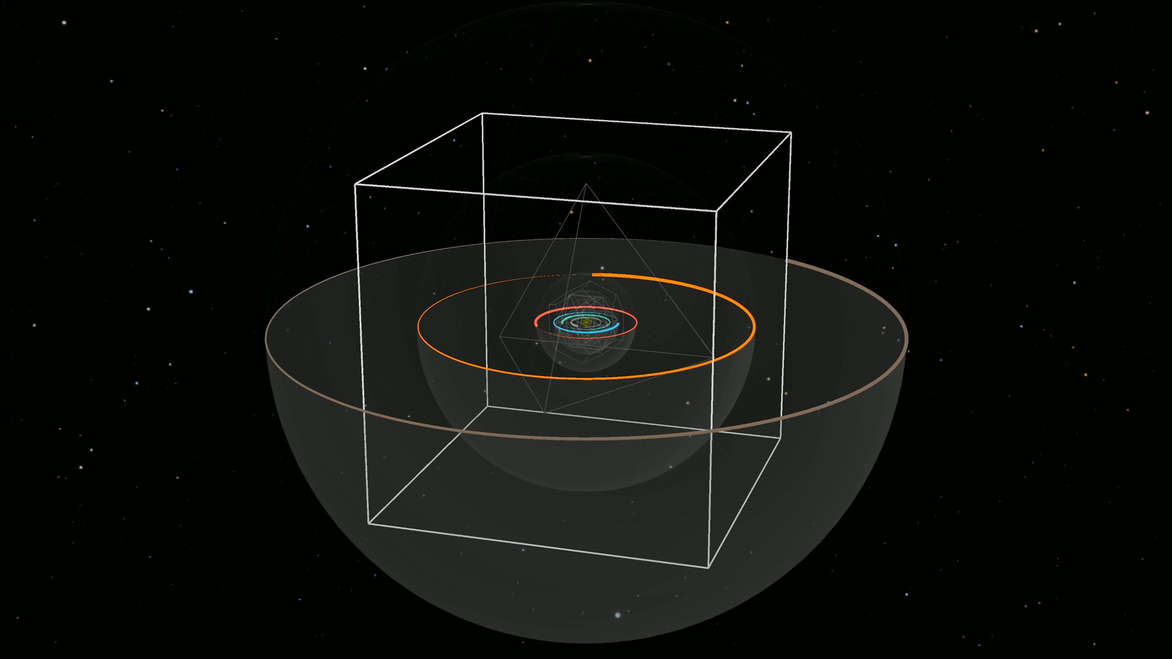 3D digital graphic of geometric shapes—cube, spheres and orbits—in space with a starry background.