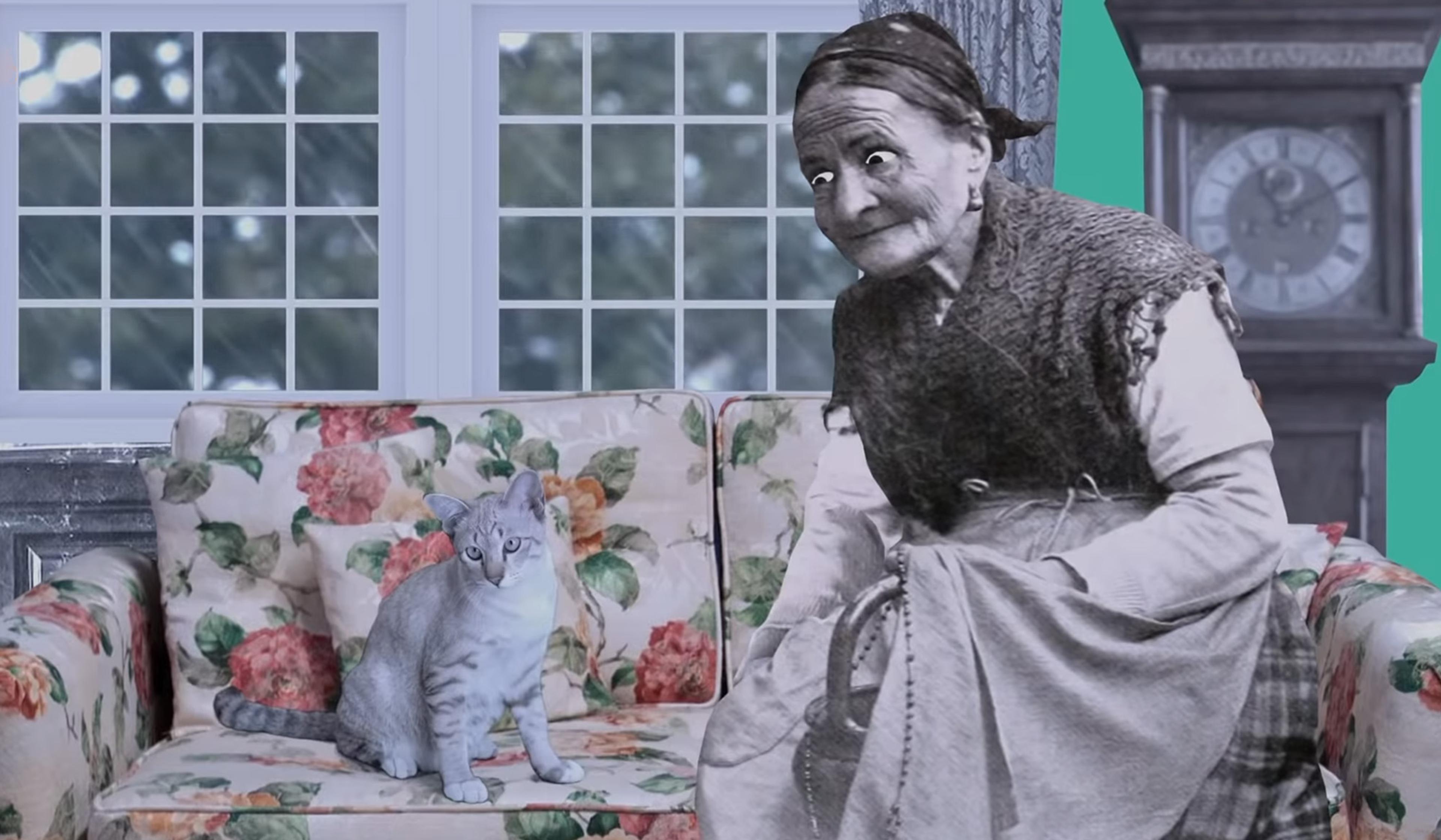 Collage of vintage images shows an old woman and a cat on a floral sofa in front of window panels and an antique clock.