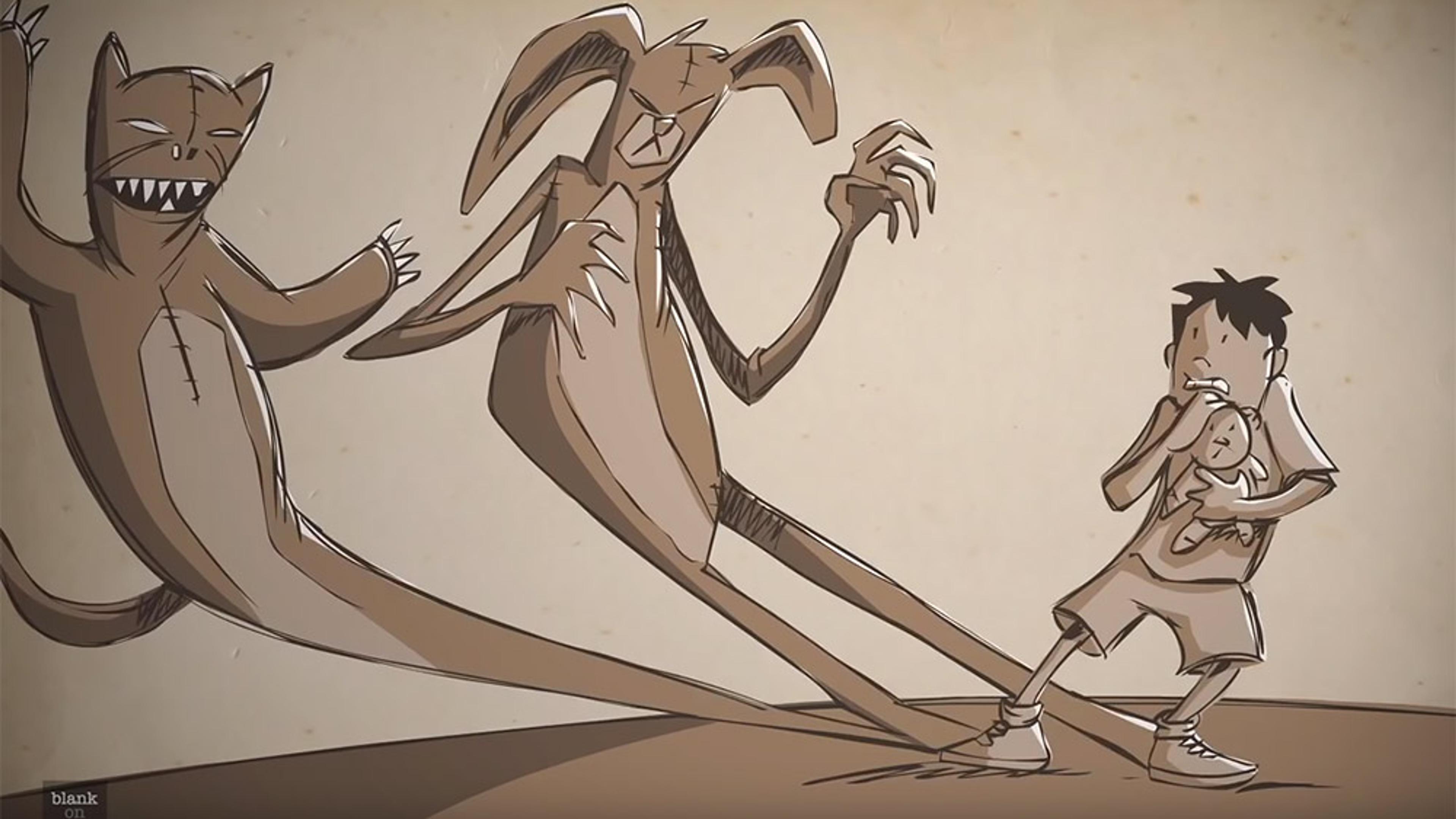 Digital drawing of a scared child hugging a doll while being approached by two menacing, monstrous figures with sharp claws.