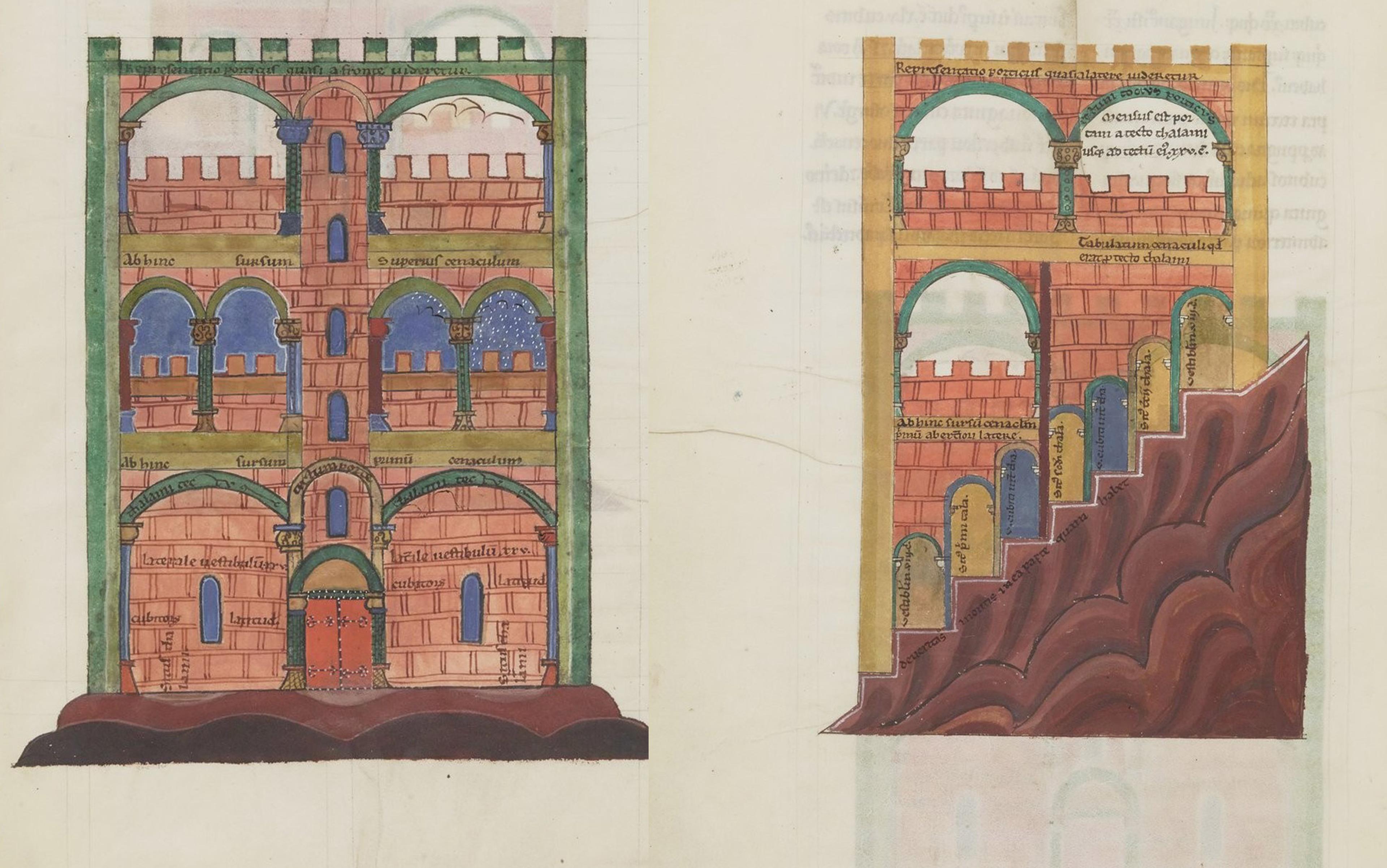 Medieval manuscript illustration showing a cutaway view of a multi-storey castle and a fortified structure, with inscriptions and arches.