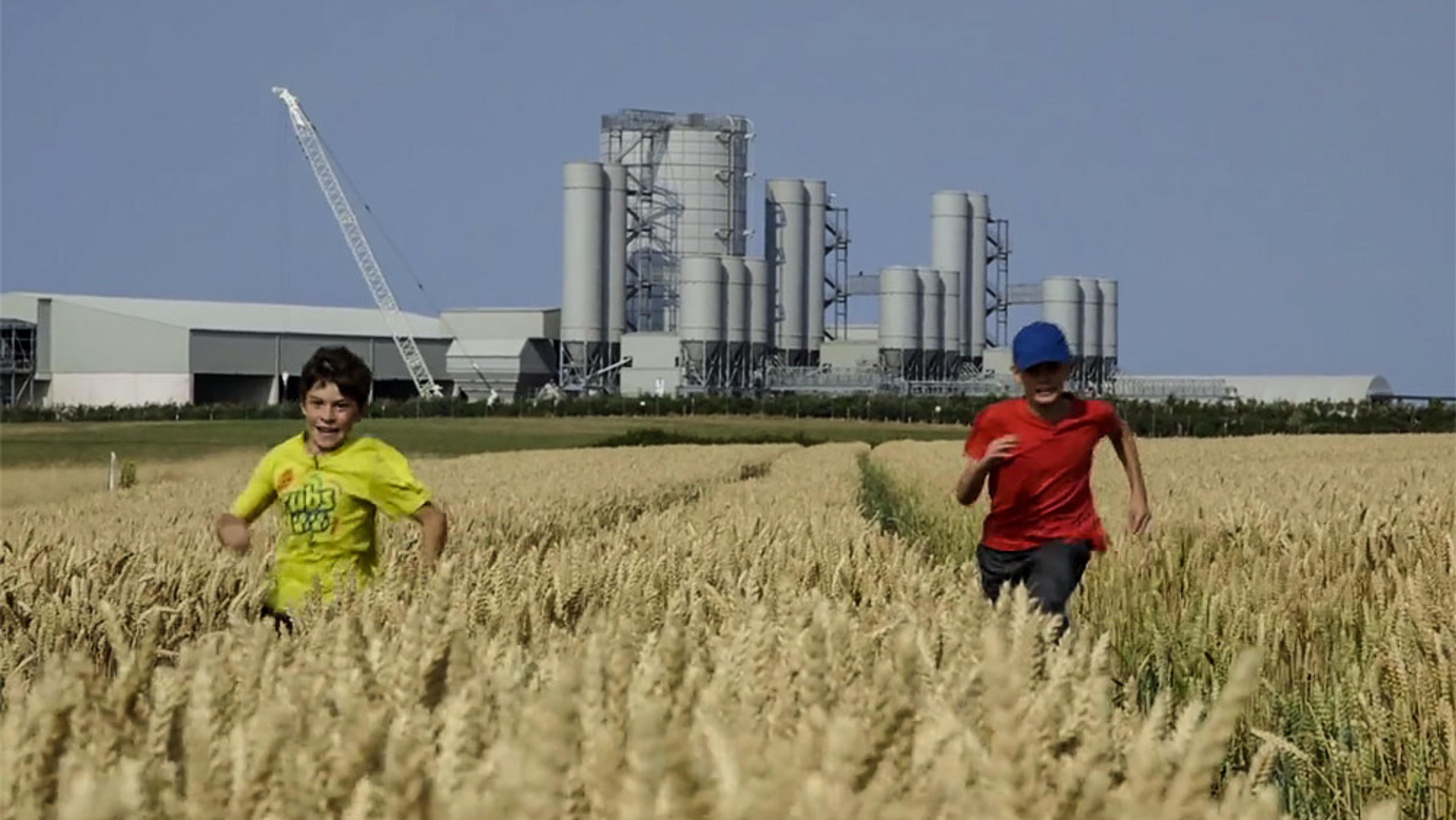 Two children running through a wheat field with an industrial factory in the background under a clear blue sky.
