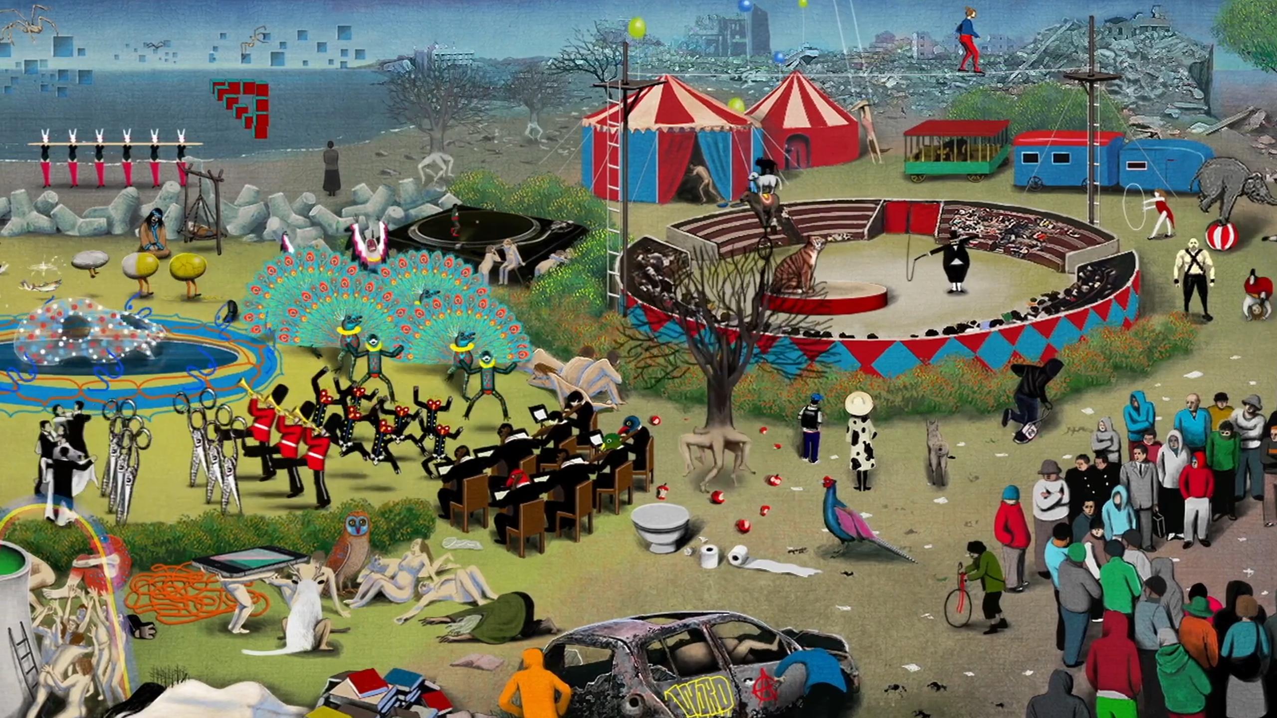 Colourful illustration of a surreal scene featuring a circus, a marching band, dancing animals, a tree with legs, a crowd huddled in a circle, naked figures, and various unusual objects scattered around.