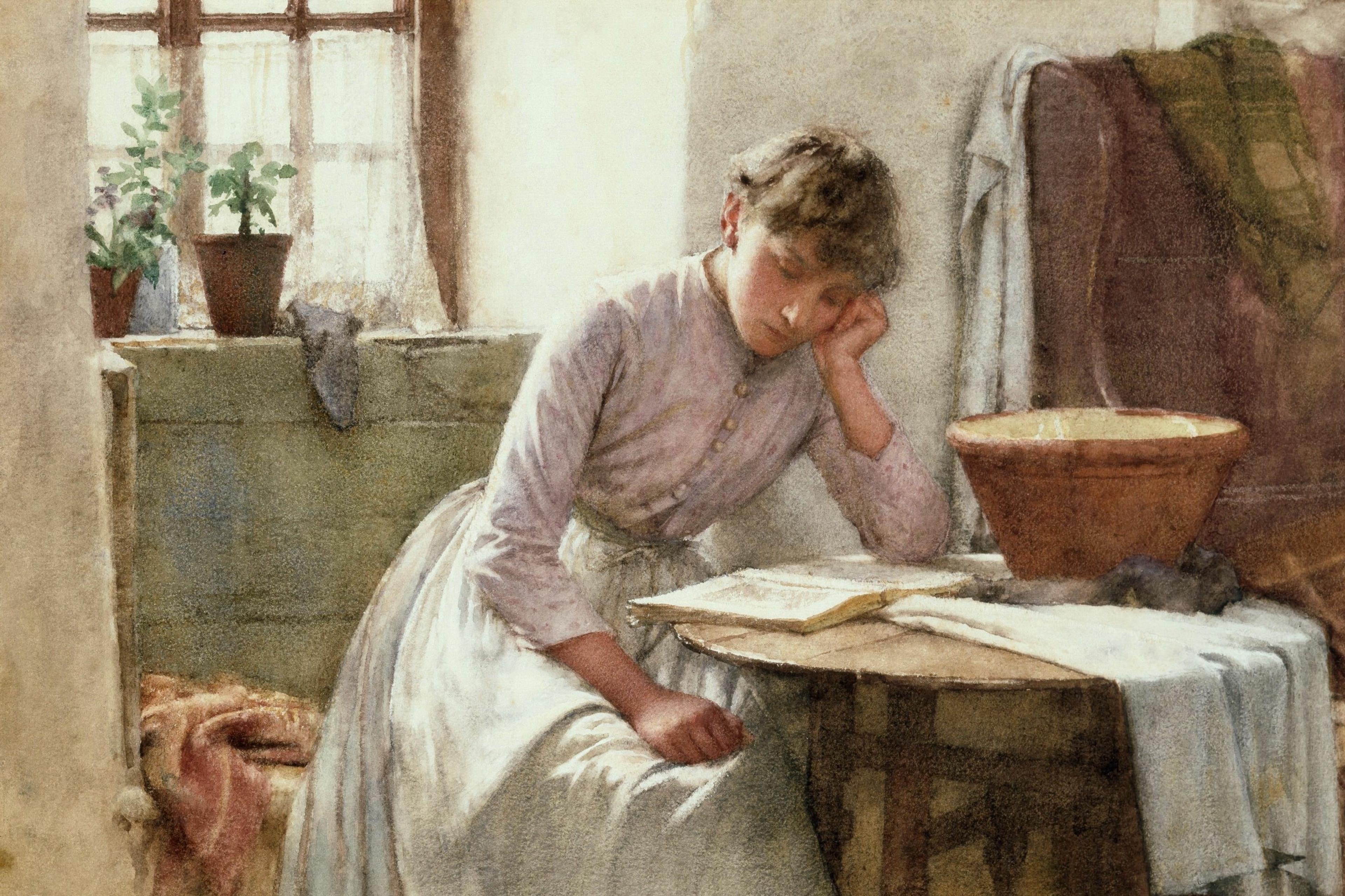 Painting of a woman in a Victorian dress resting her head on her hand at a table with a bowl and a book by a window.