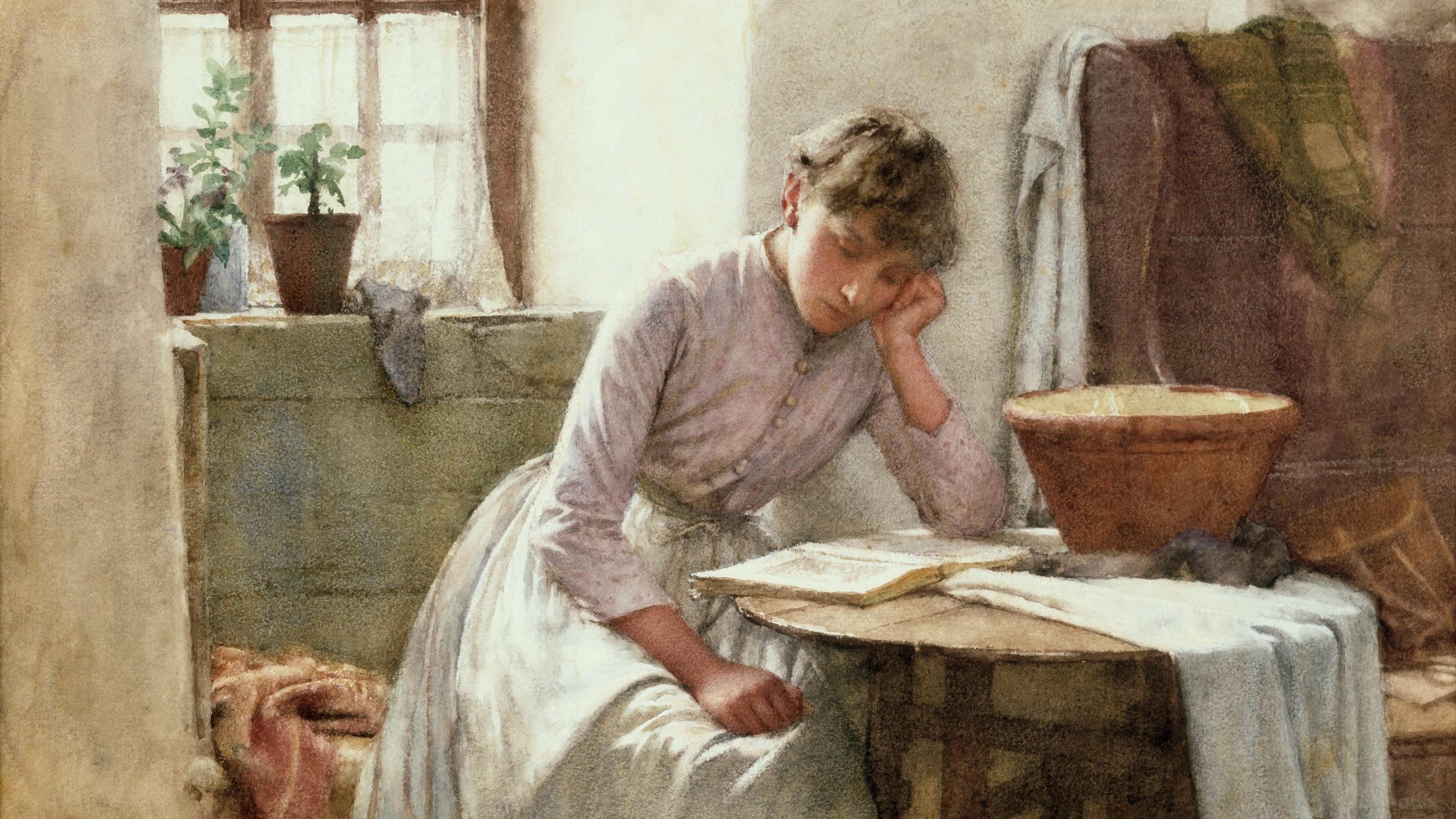 Painting of a woman in a Victorian dress resting her head on her hand at a table with a bowl and a book by a window.