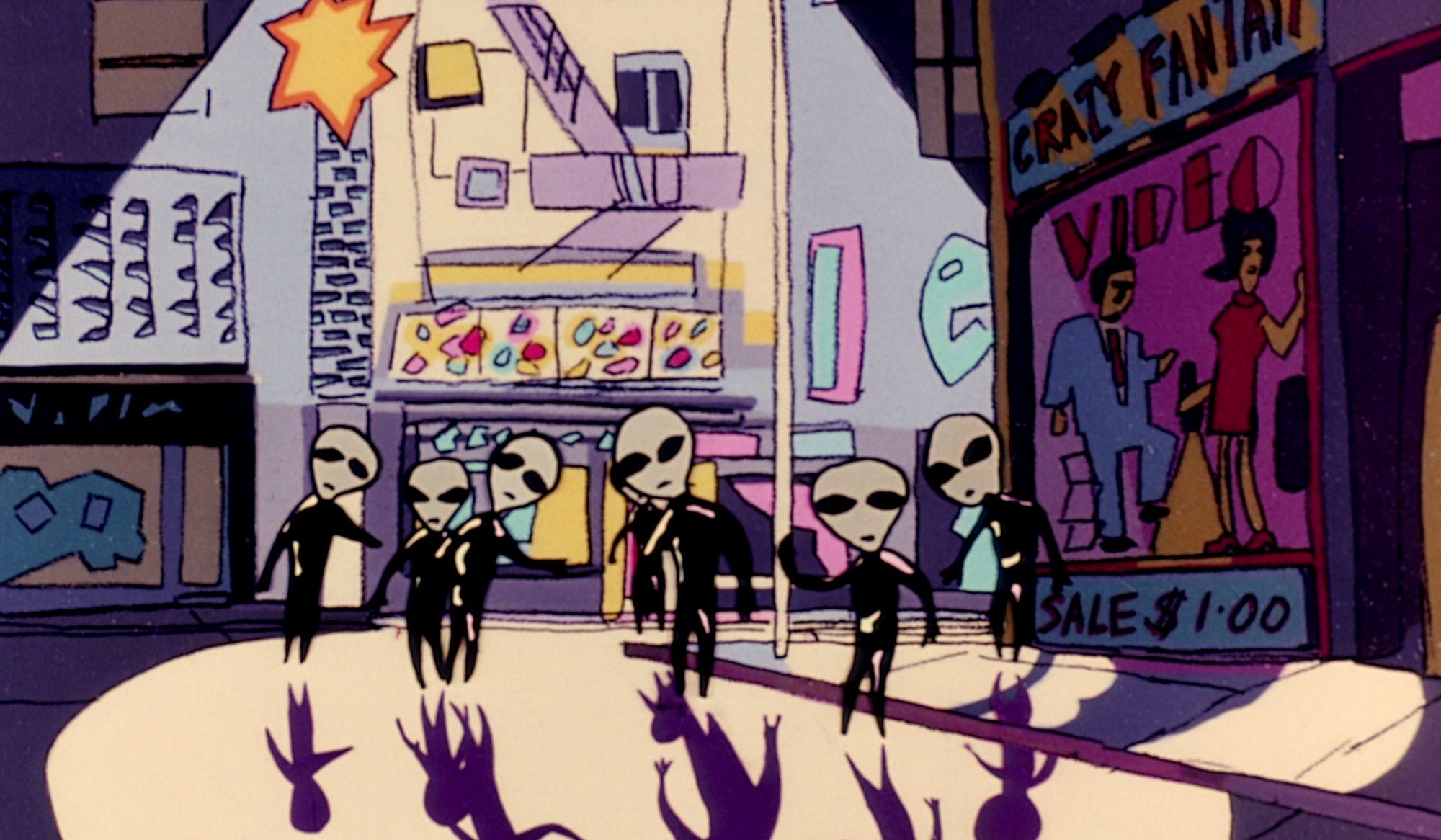 Cartoon aliens walking in a colourful city street with shops and a bright starburst in the background.