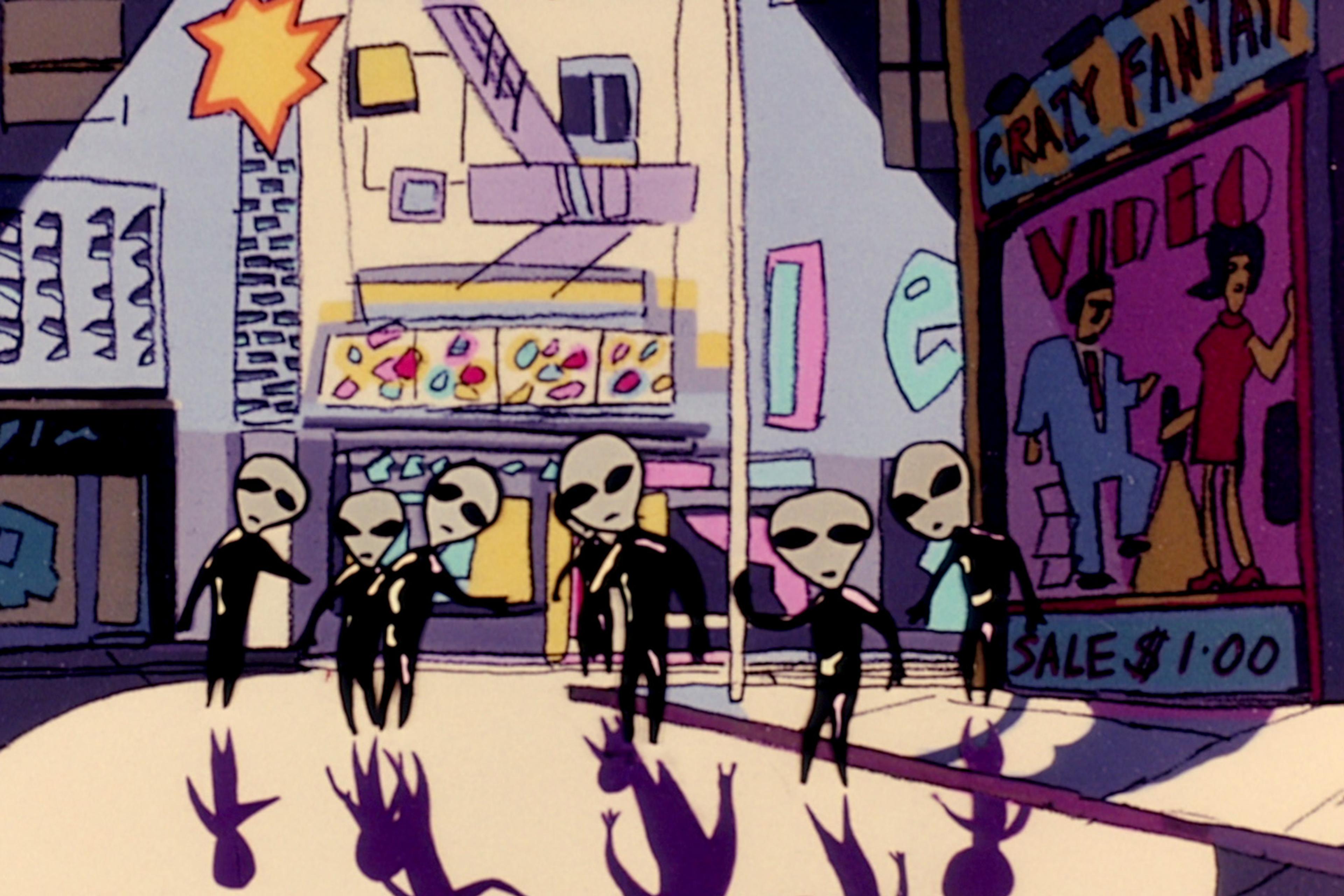 Cartoon aliens walking in a colourful city street with shops and a bright starburst in the background.