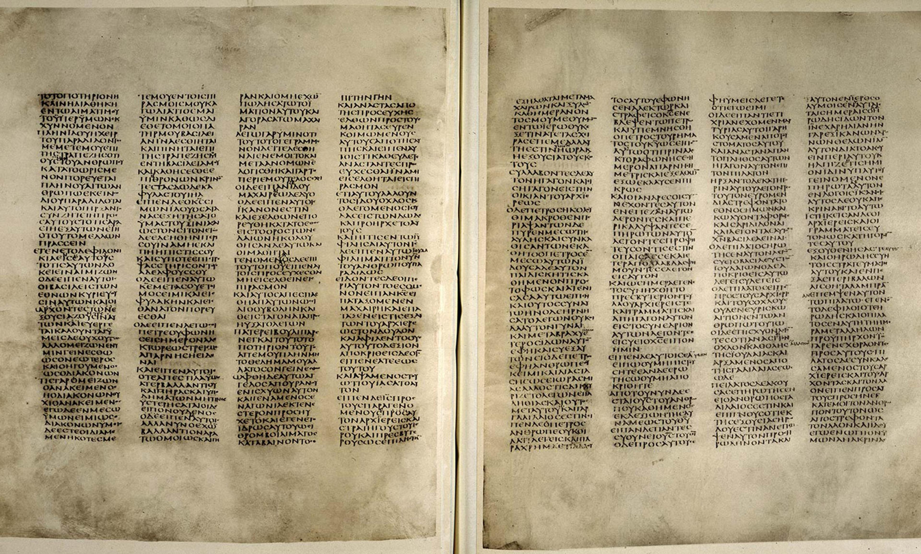 <p>Codex Sinaiticus (4th century, eastern Mediterranean). <em>Courtesy the Trustees of the British Library</em></p>