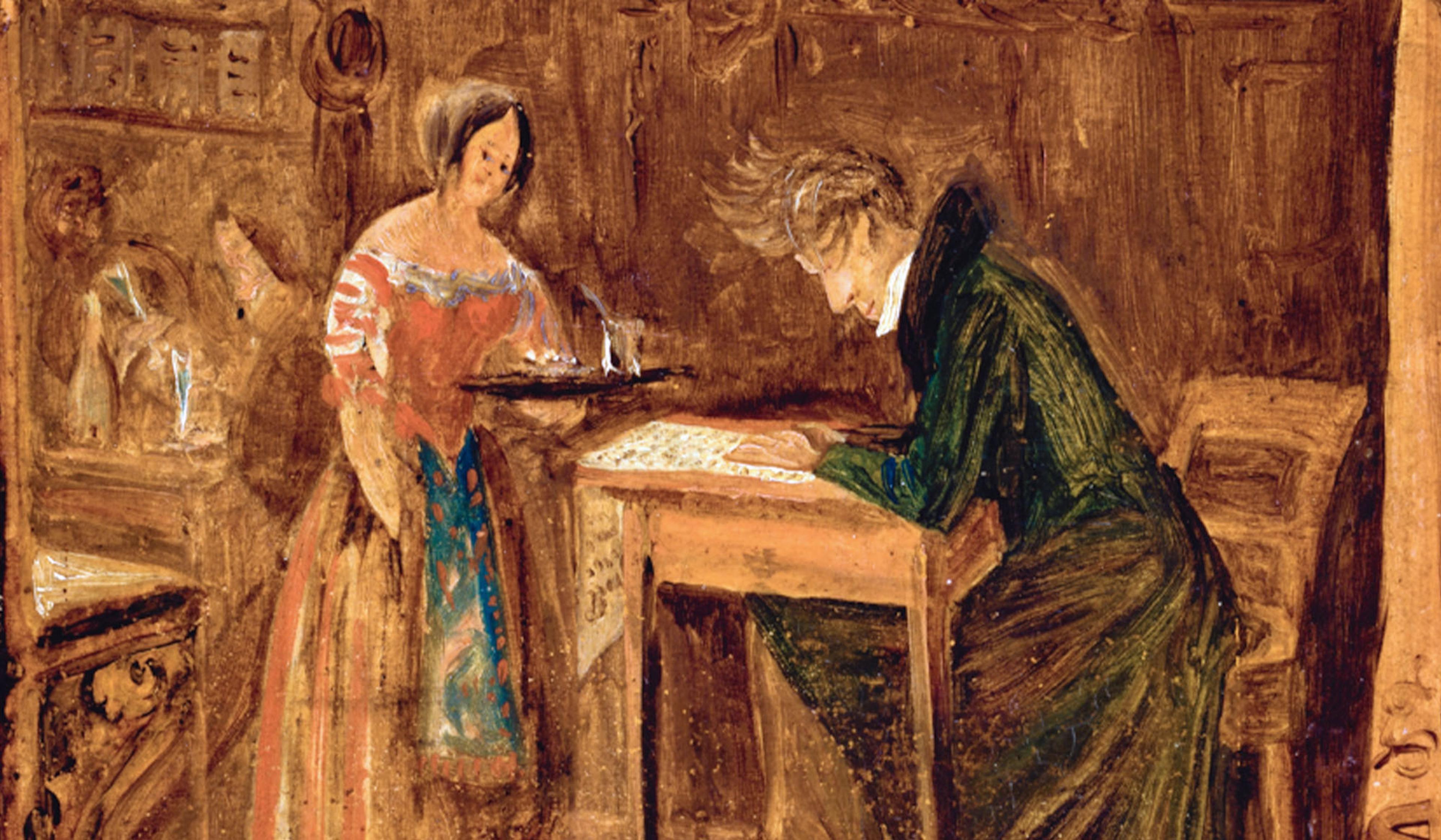 A painting of a man writing at a desk with a woman in a red dress serving a drink. The room has a rustic, vintage feel.