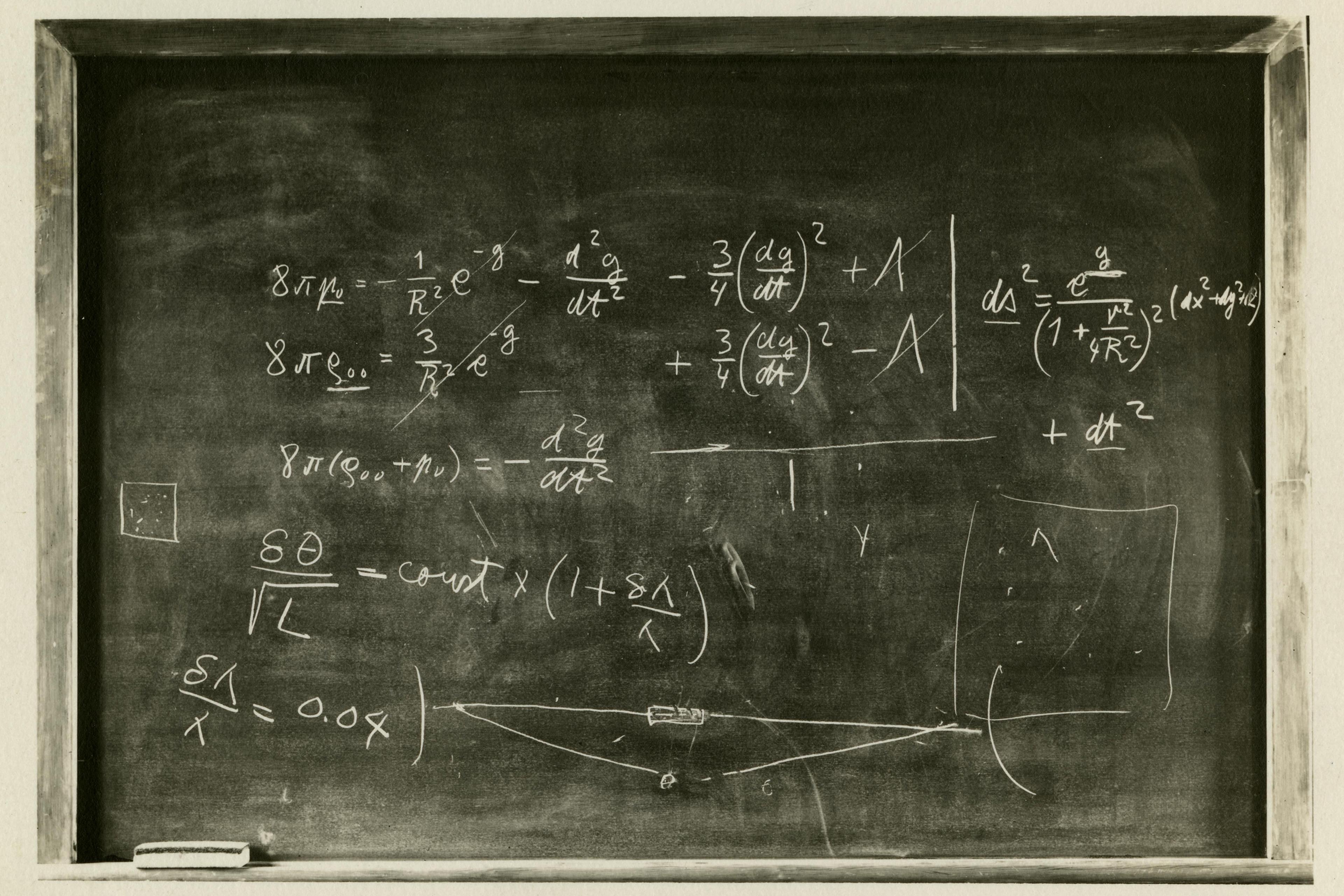 Black and white photo of a chalkboard filled with complex mathematical equations and diagrams.