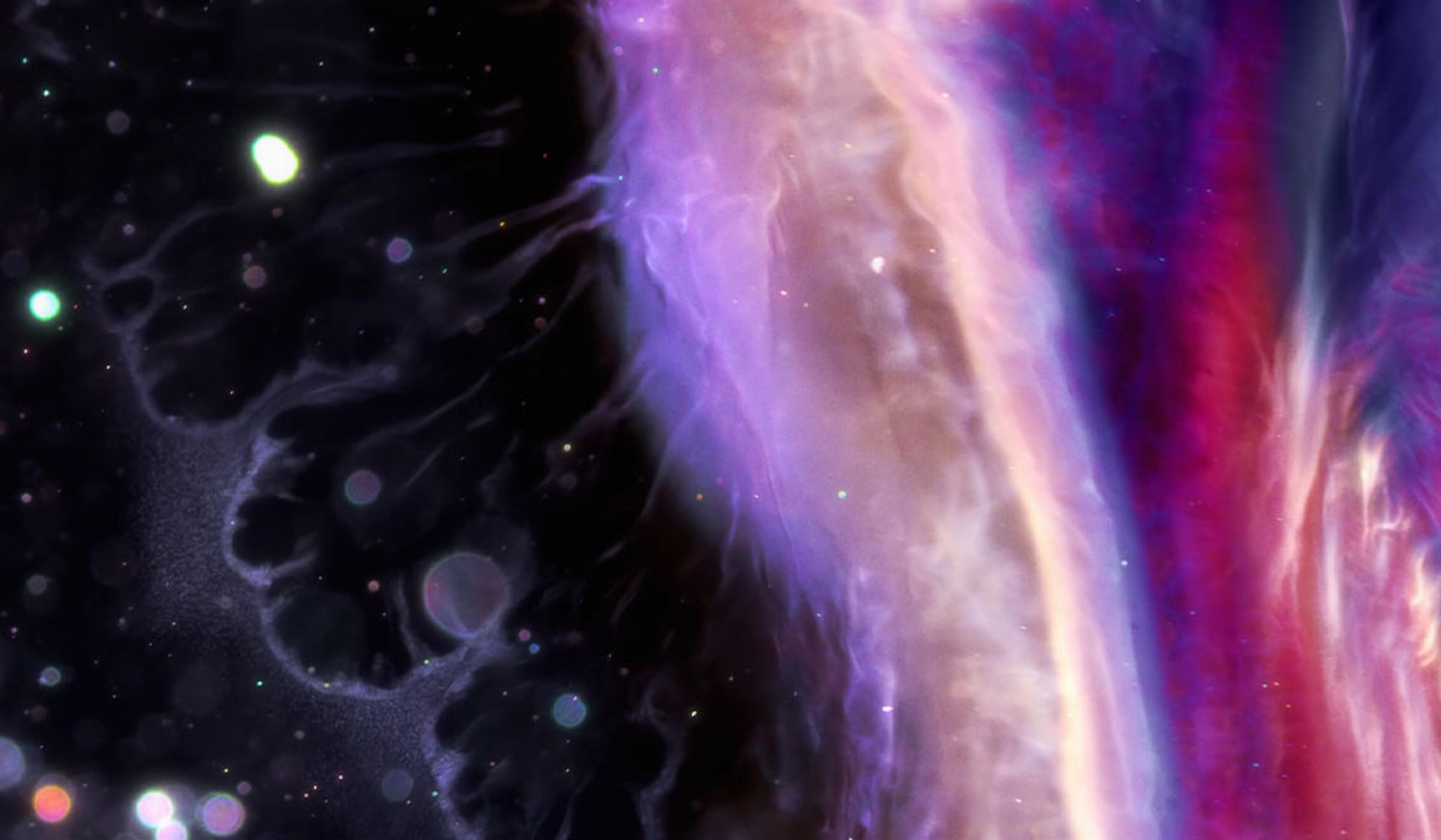 Abstract image with bright swirls and specks of light in pink, purple and black, resembling a cosmic or nebula scene.
