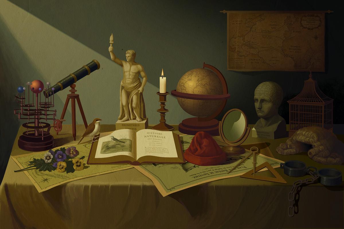 A painting of a still life on a table with a statue, globe, telescope, book, candle, and various scientific artefacts.