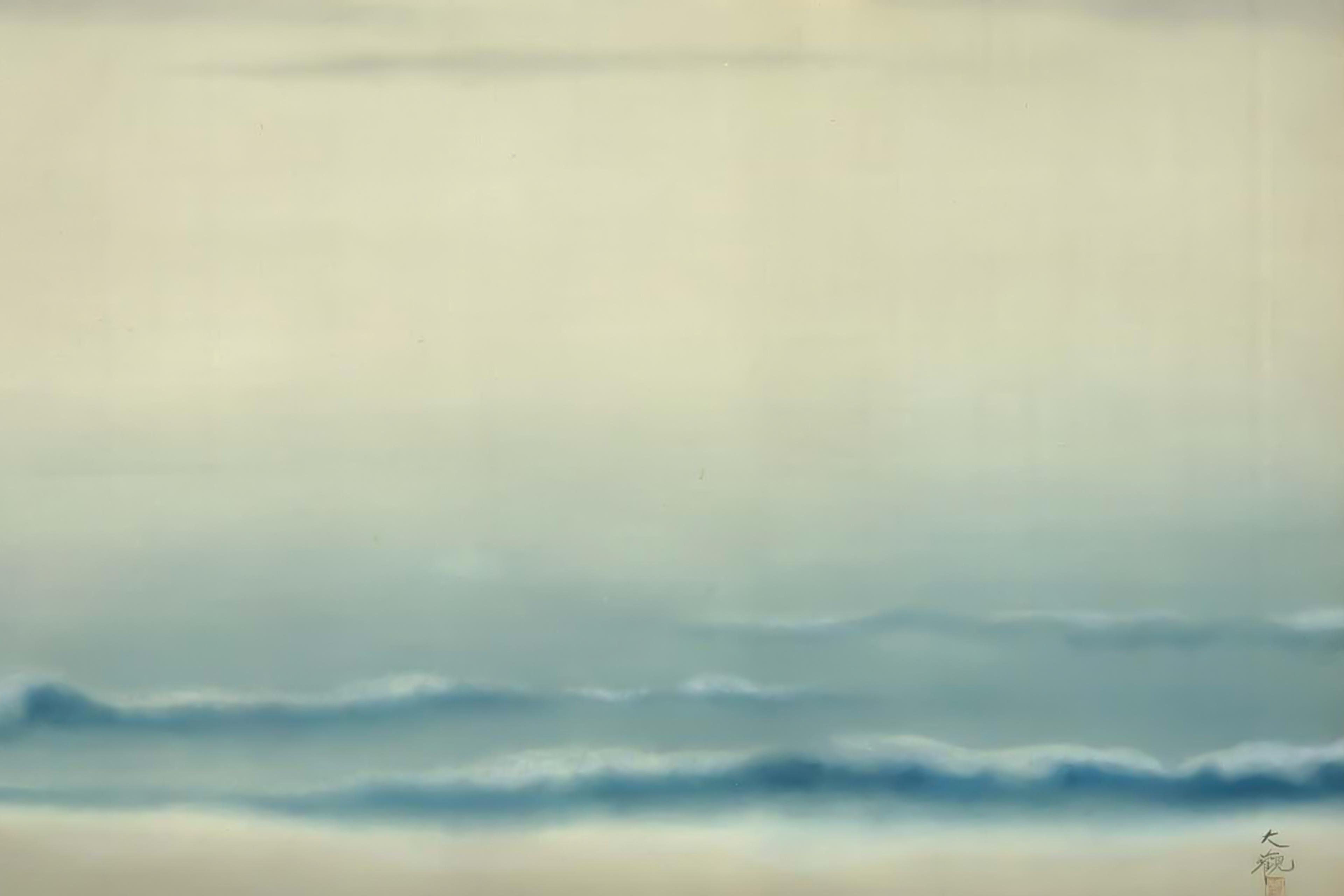 Painting of serene blue waves against a pale sky. Minimalist design with soft colours and smooth textures.
