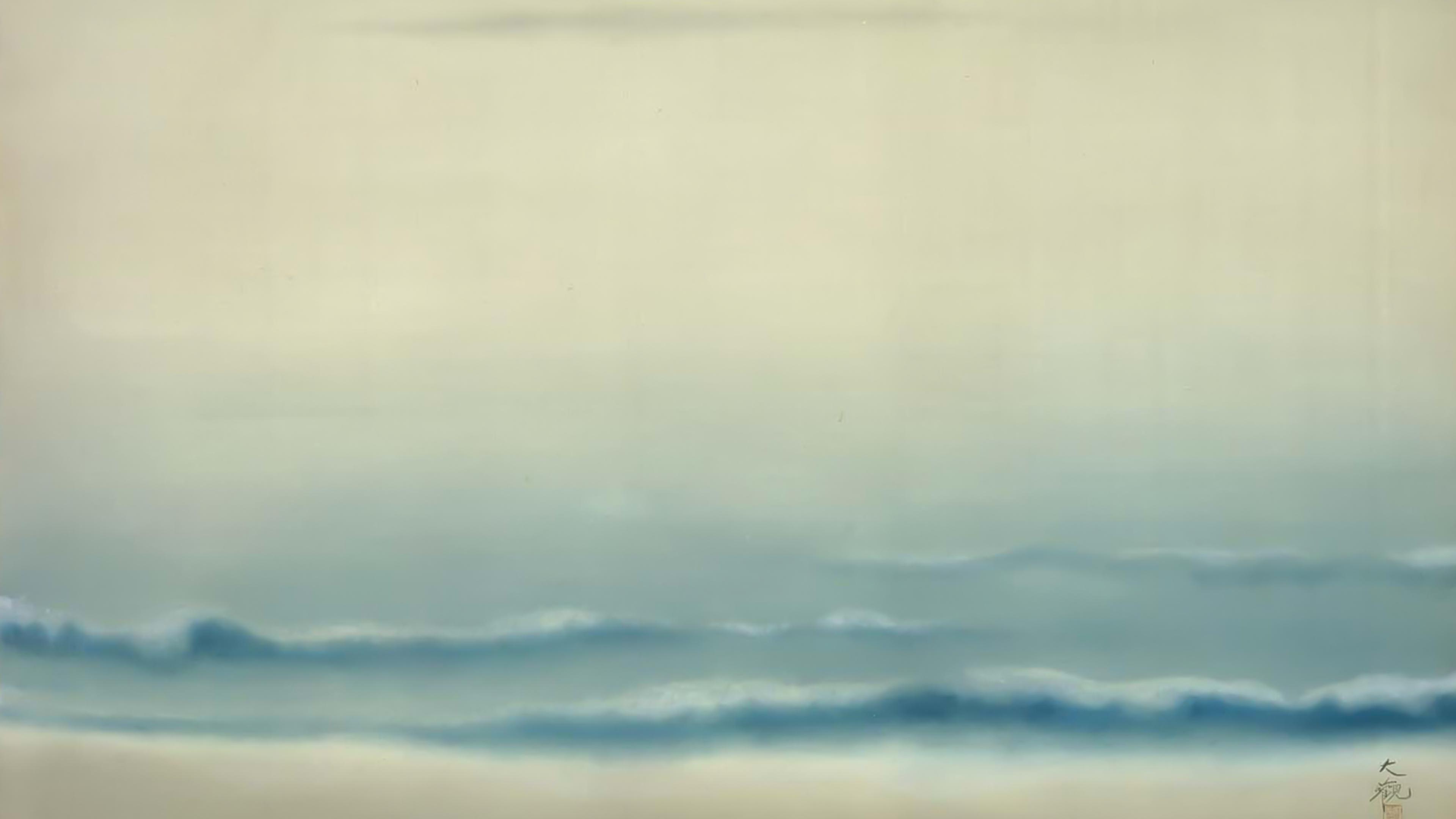 Painting of serene blue waves against a pale sky. Minimalist design with soft colours and smooth textures.