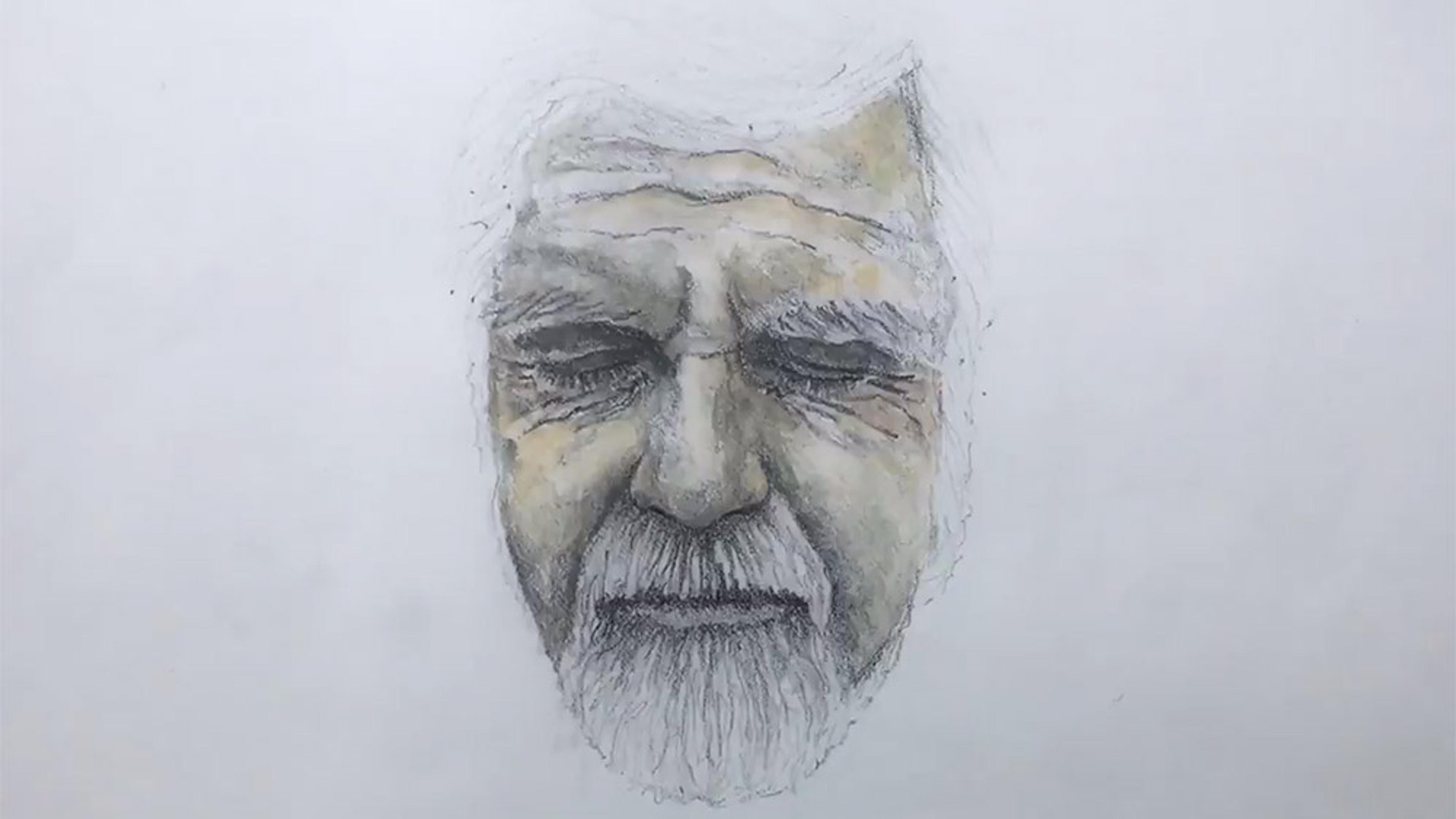 Sketch of an elderly man with closed eyes and a contemplative expression on a plain background.