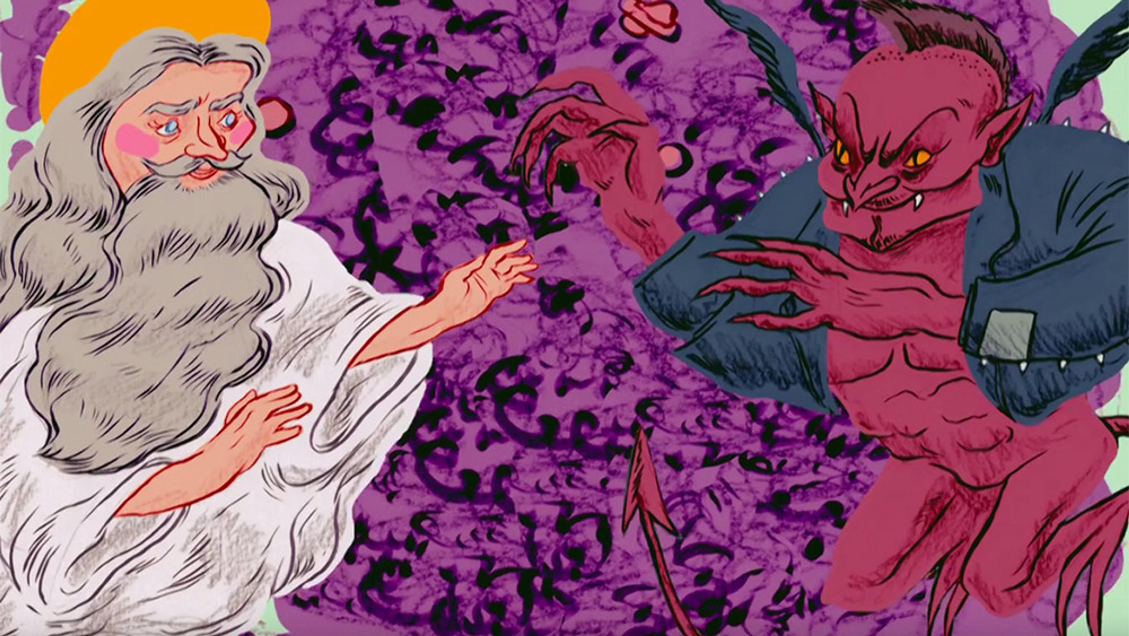 Illustration of a bearded God figure with a halo confronting a red demon, set against a purple, chaotic background.