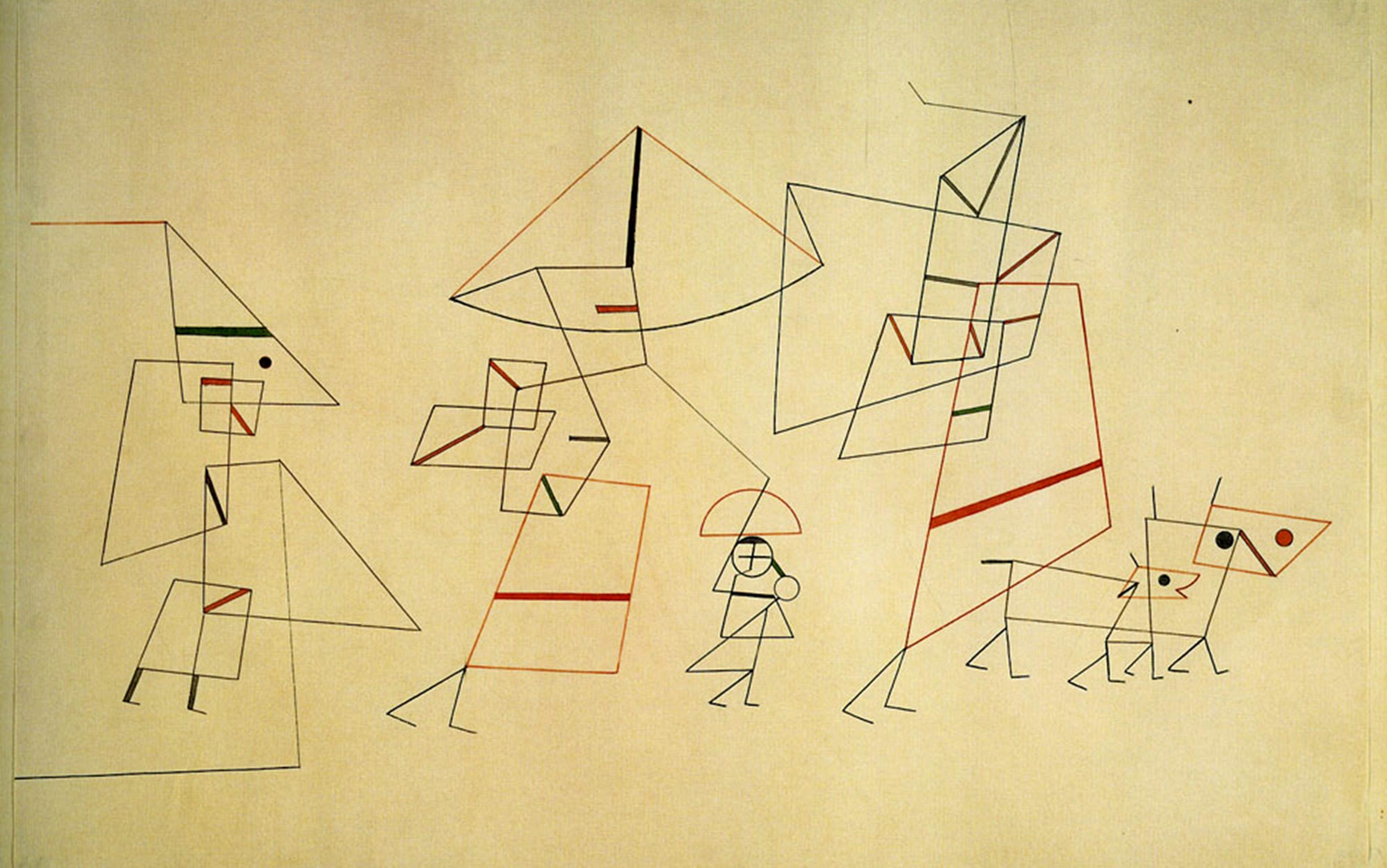 Artwork depicting a family group composed of angular lines and triangles, some but not all coloured, on a paper background