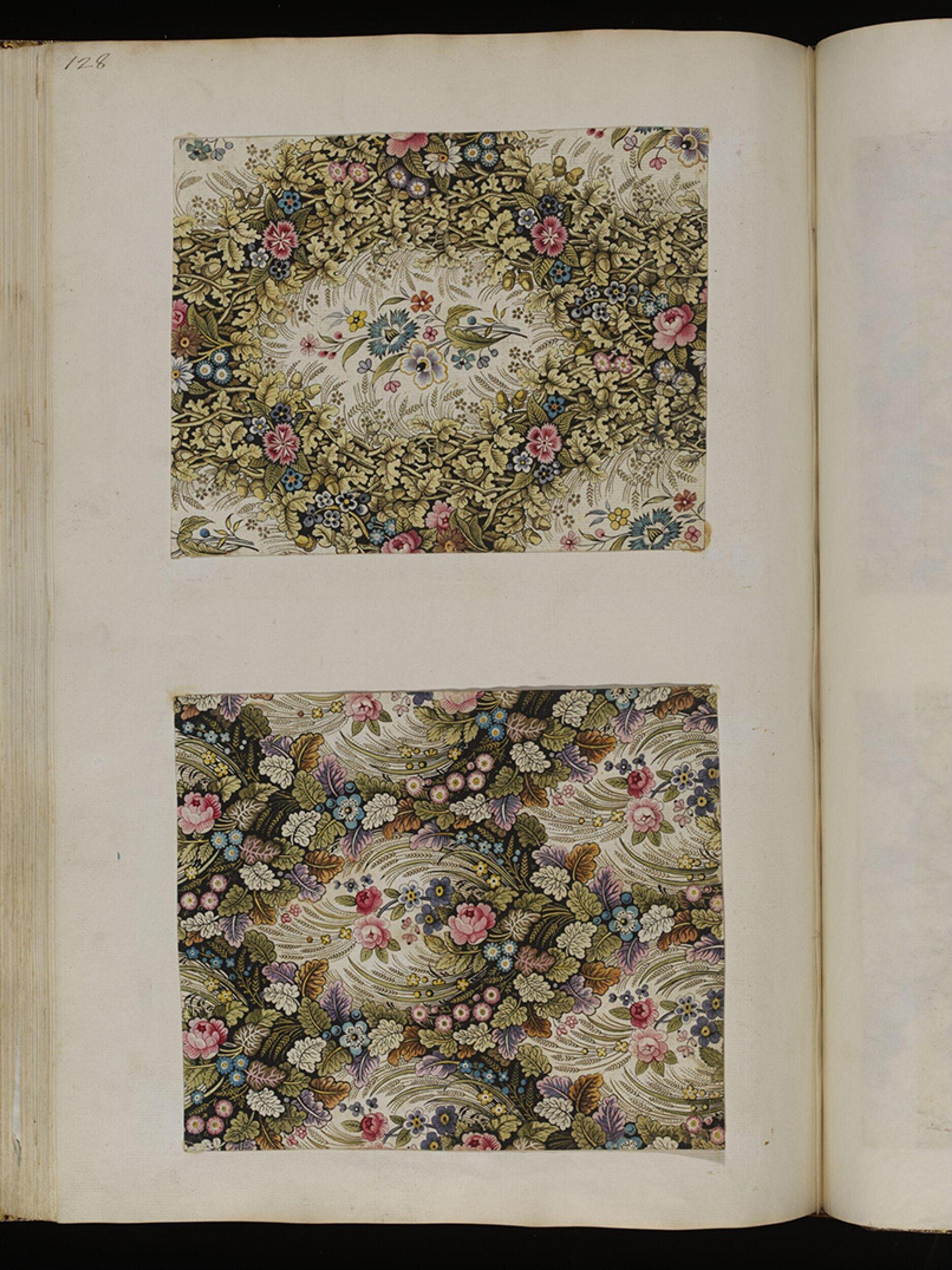Page with two floral pattern illustrations, featuring intricate designs of colourful flowers and leaves.