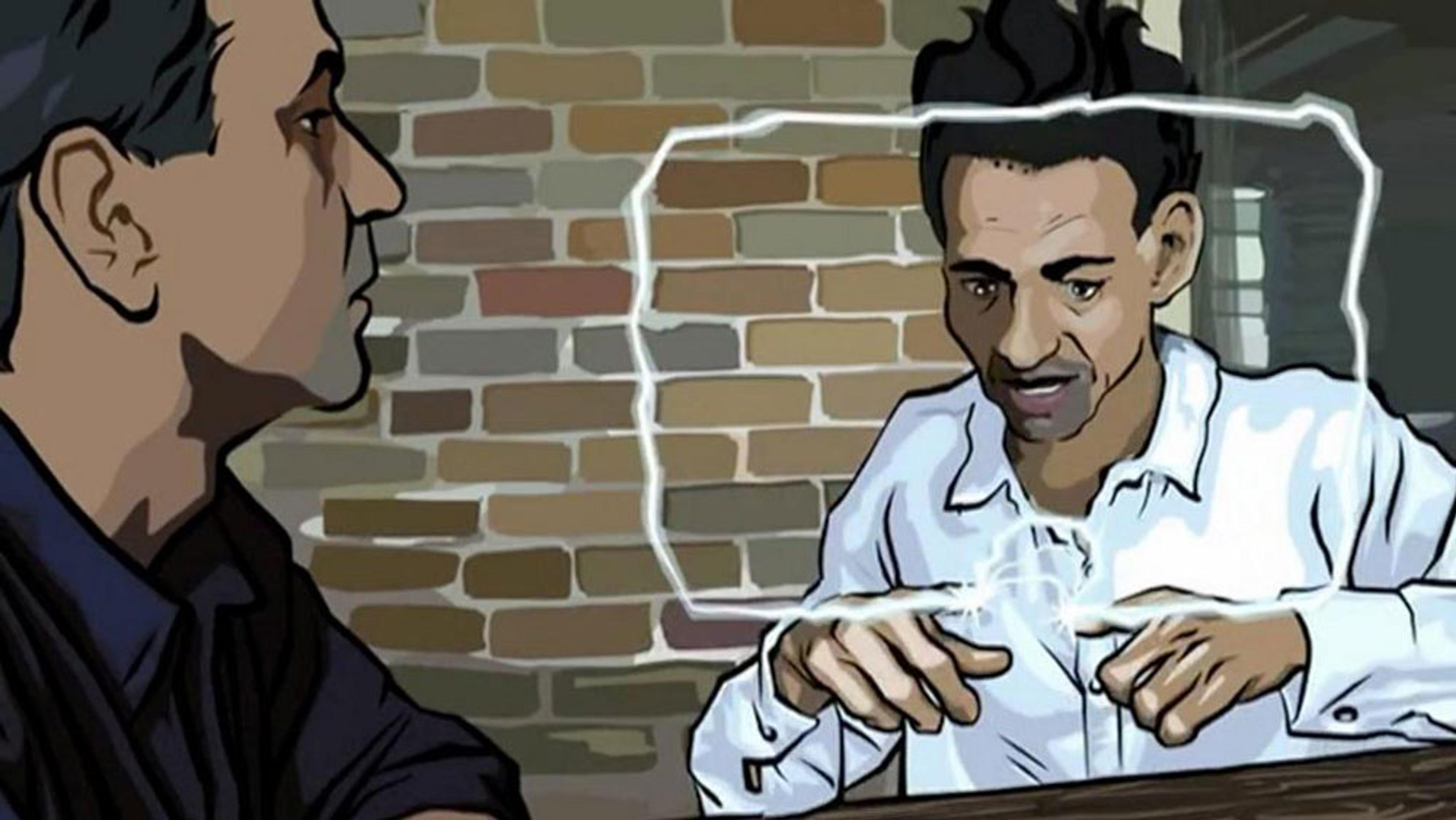 Illustration of two men talking at a table in front of a brick wall, one man gesturing with a white frame-like shape around his hands.