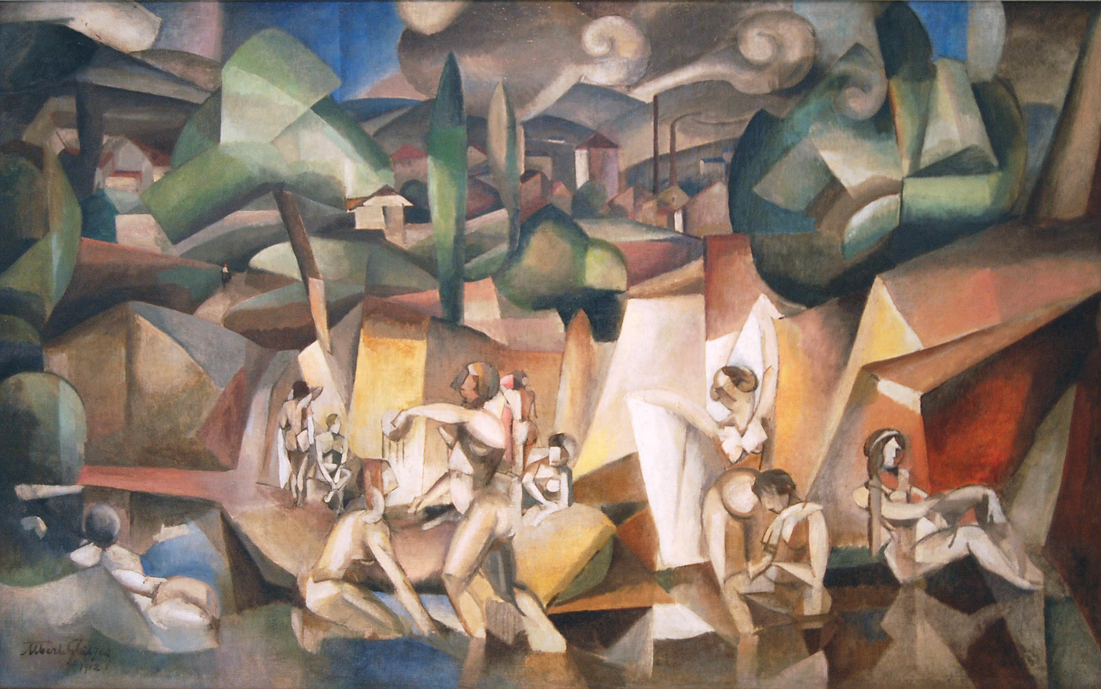 Cubist painting of abstract nude figures and geometric landscapes in muted colours with green trees, houses, and a cloudy sky.