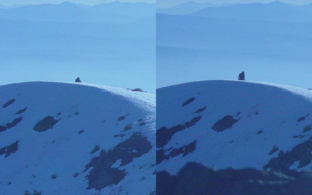 Two photos of a snowy mountain with a silhouette at the peak against a blue landscape background.