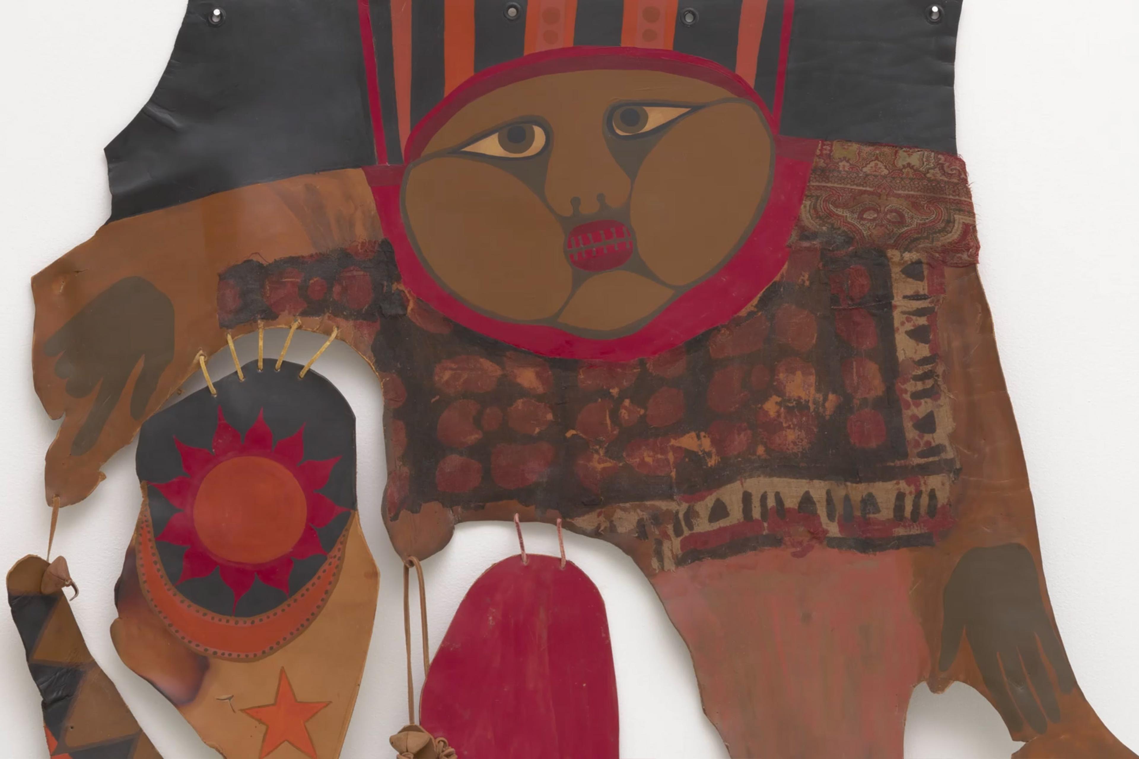 Mixed-media artwork featuring a stylised face with large cheeks, vibrant red accents and abstract shapes on a textured background.