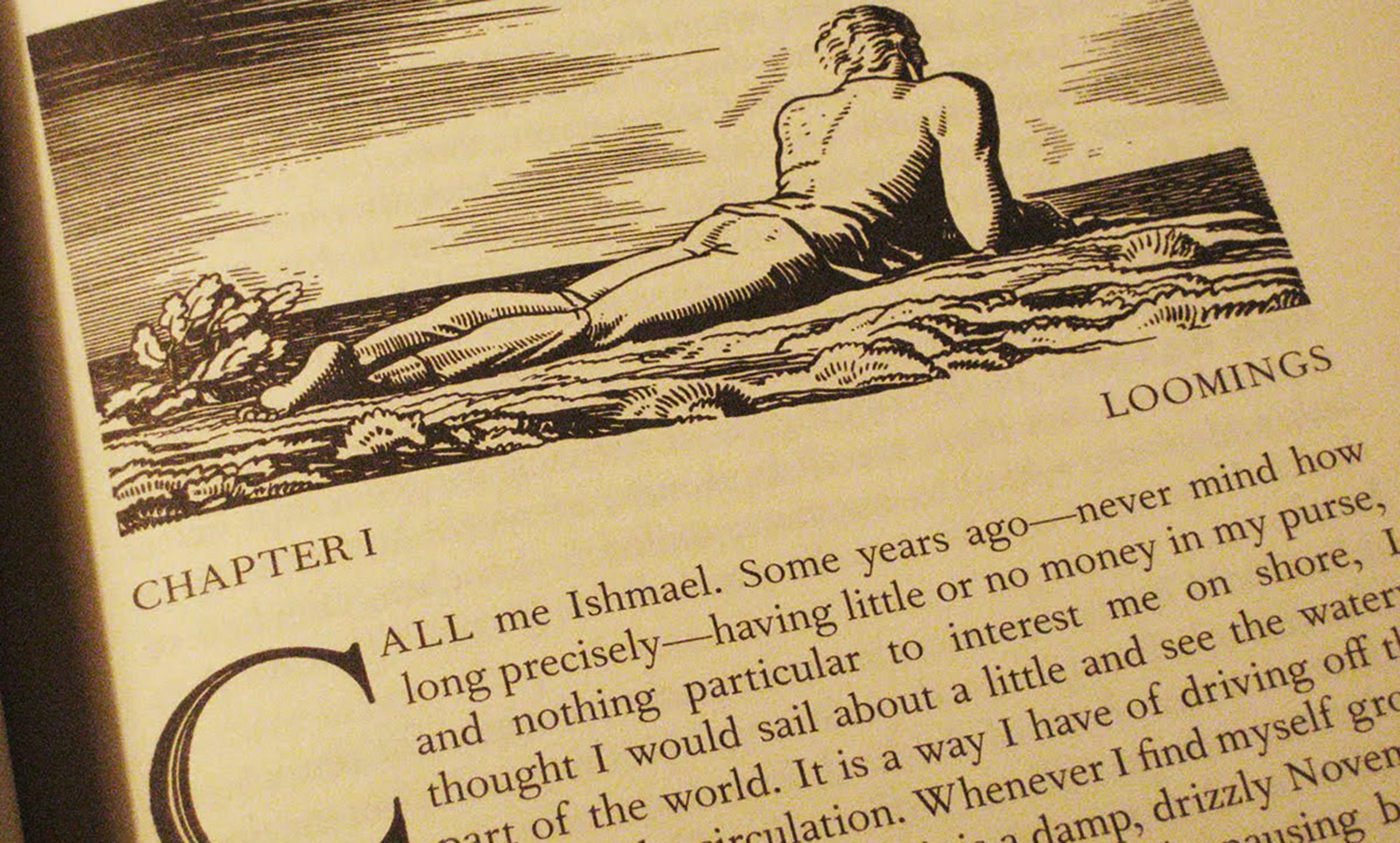 Close-up of a page from a book showing an illustration of a person lying on the ground and the beginning of Chapter I titled “LOOMINGS”.