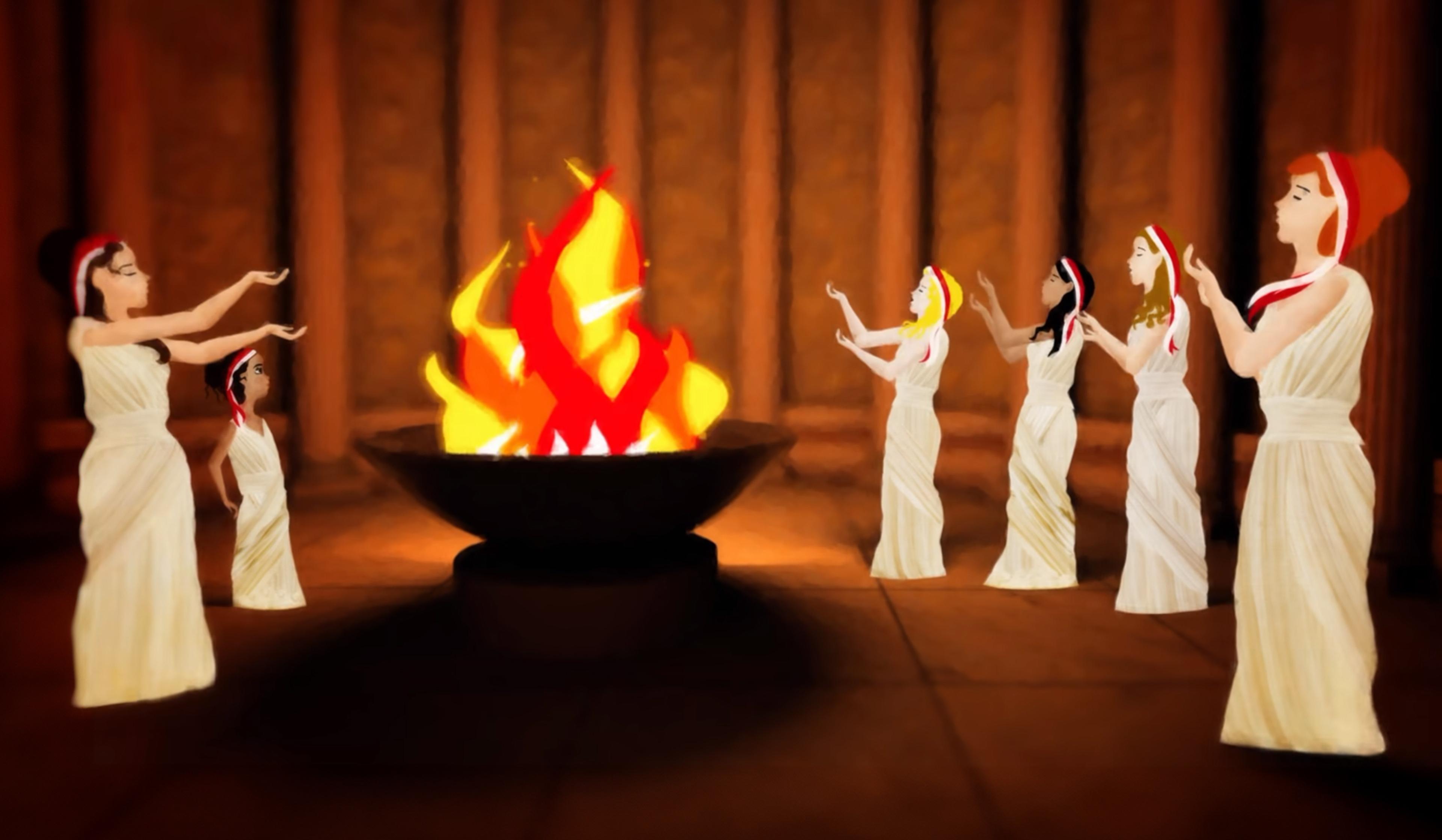 Illustration of a group of women dressed in ancient Greek-style white robes and red headbands, standing and raising their arms towards a large flaming brazier in a temple-like setting with columns and dim lighting.