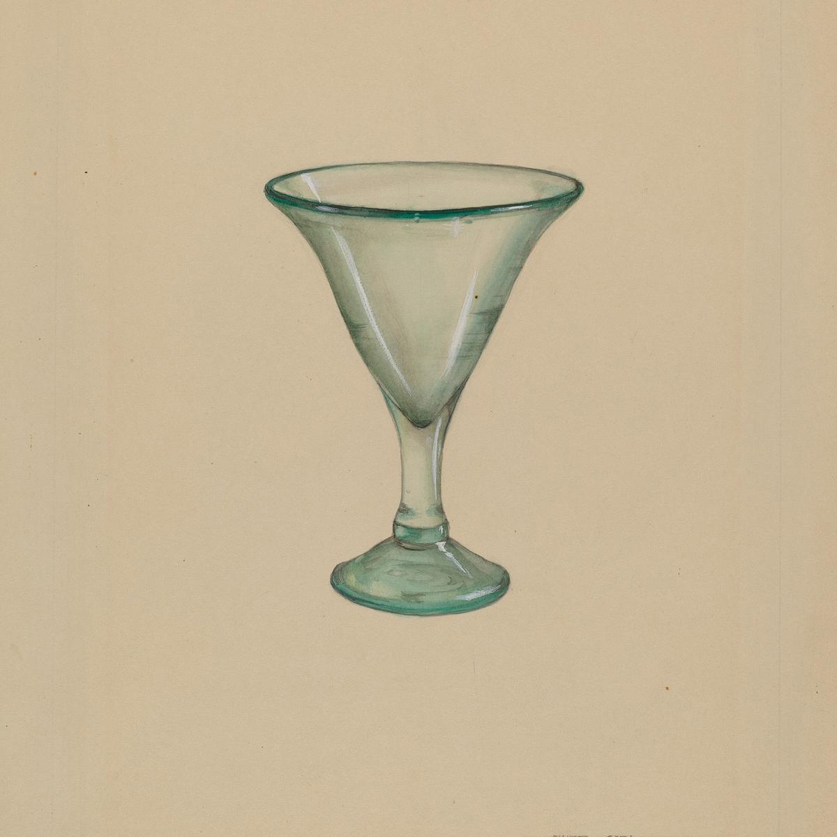 a watercolour of a lopsided wine glass on a plain background
