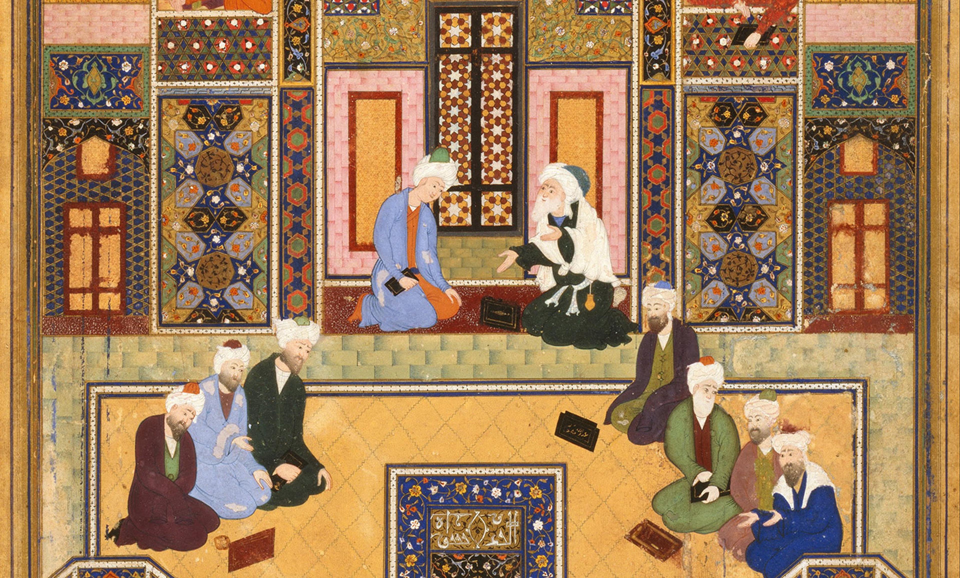 <p>Detail from ‘The Meeting of the Theologians’ by Abd Allah Musawwir, mid-16th century. <em>Courtesy Wikipedia</em>.</p>