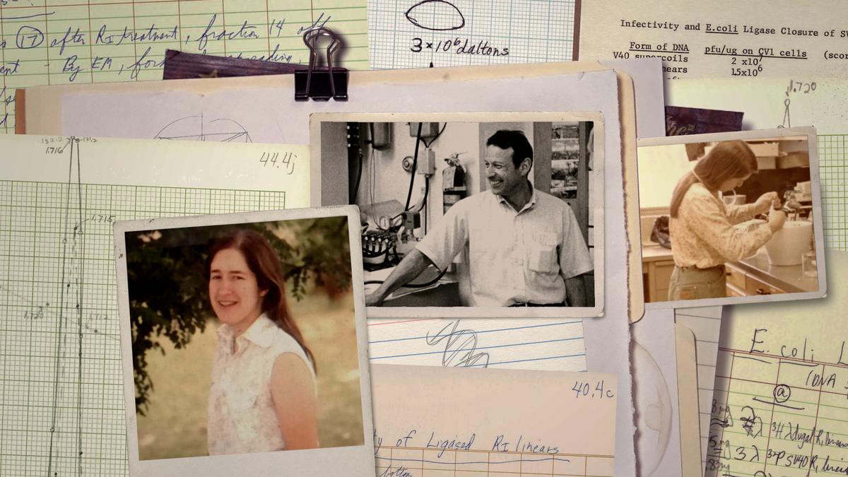 Collage of vintage photos and scientific notes including images of a woman outdoors and scientists in a lab setting.
