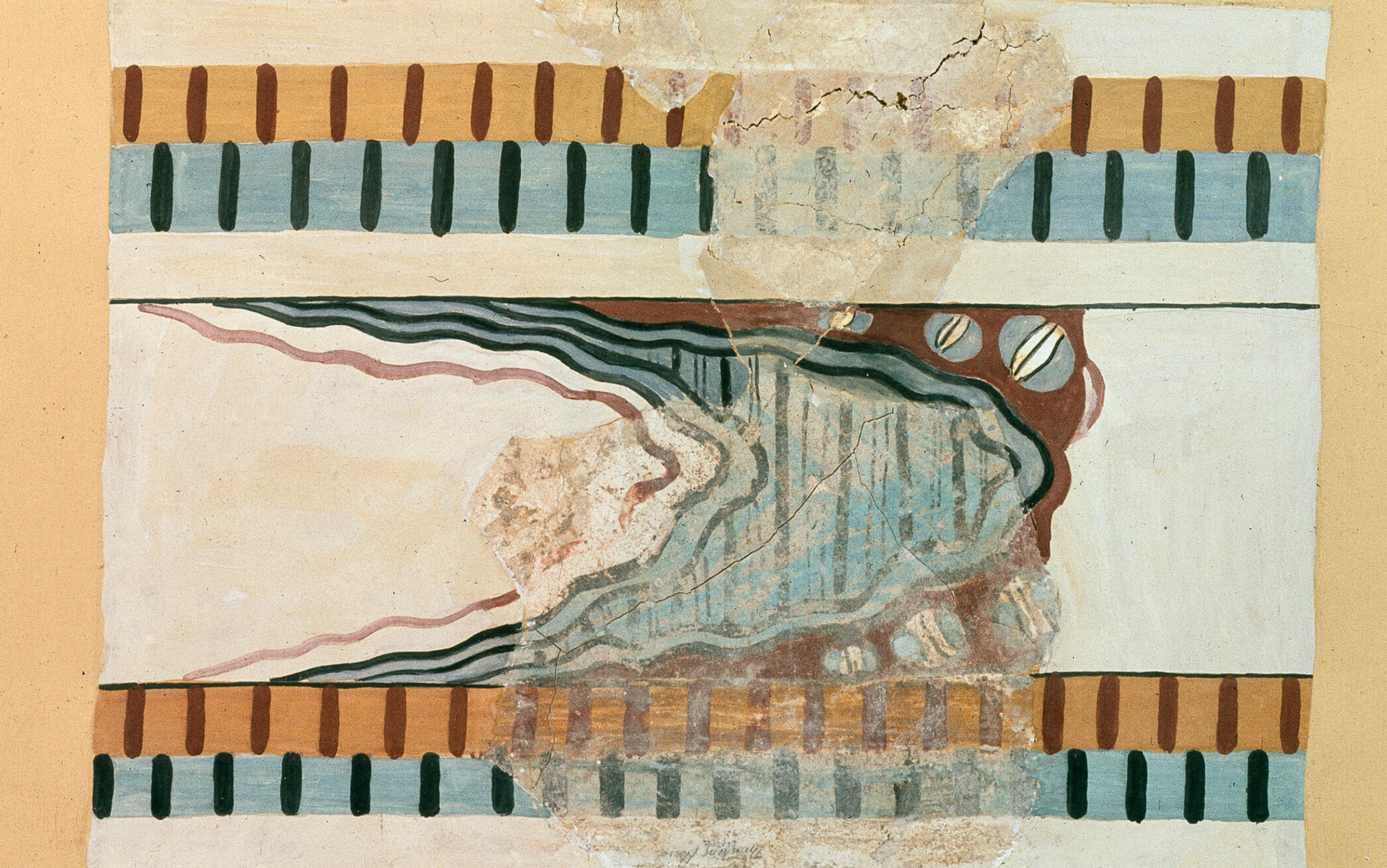 Fresco fragment with geometric borders framing curved shapes representing waves crashing upon the shore, partially damaged.